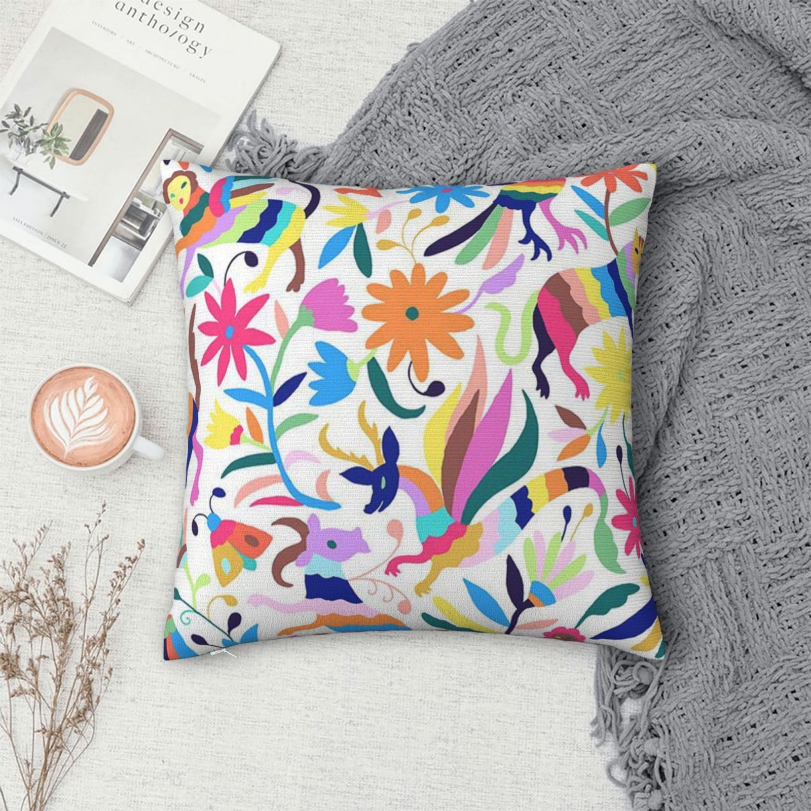 Plush Velvet Square Throw Pillow Cover For Couch & Bed, Mexican Otomi Animals, Soft Decorative Cushion Case For Sofa, Farmhouse Throw Pillow Sham, Modern Aesthetic Home Accent For Living Room Bedroom