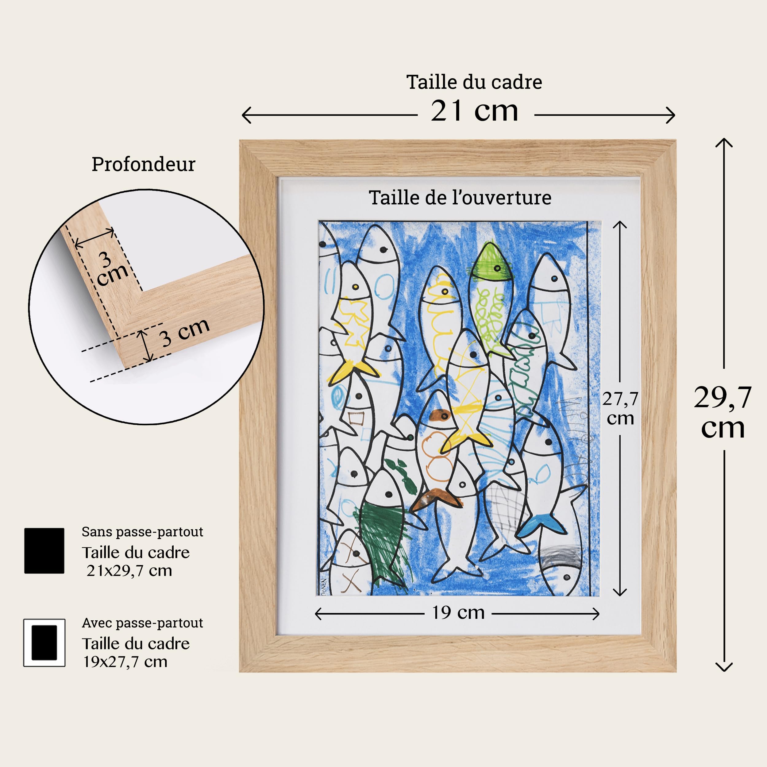 Lot de 2 cadres photo A4 pour enfants - Design naturel, support intégré, clips, fermetures magnétiques et bandes élastiques pour ranger les dessins - Chêne naturel