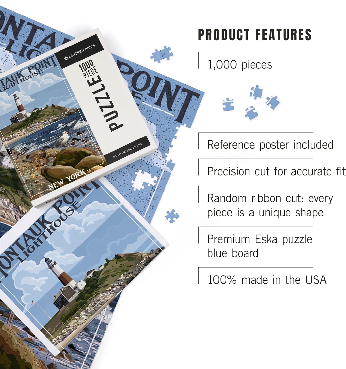 Montauk Point Lighthouse Puzzle 1000 Pieces for Adults – Hand-Drawn New York Coastal Jigsaw Puzzle – Made in USA with Premium Eco-Friendly Materials by Lantern Press