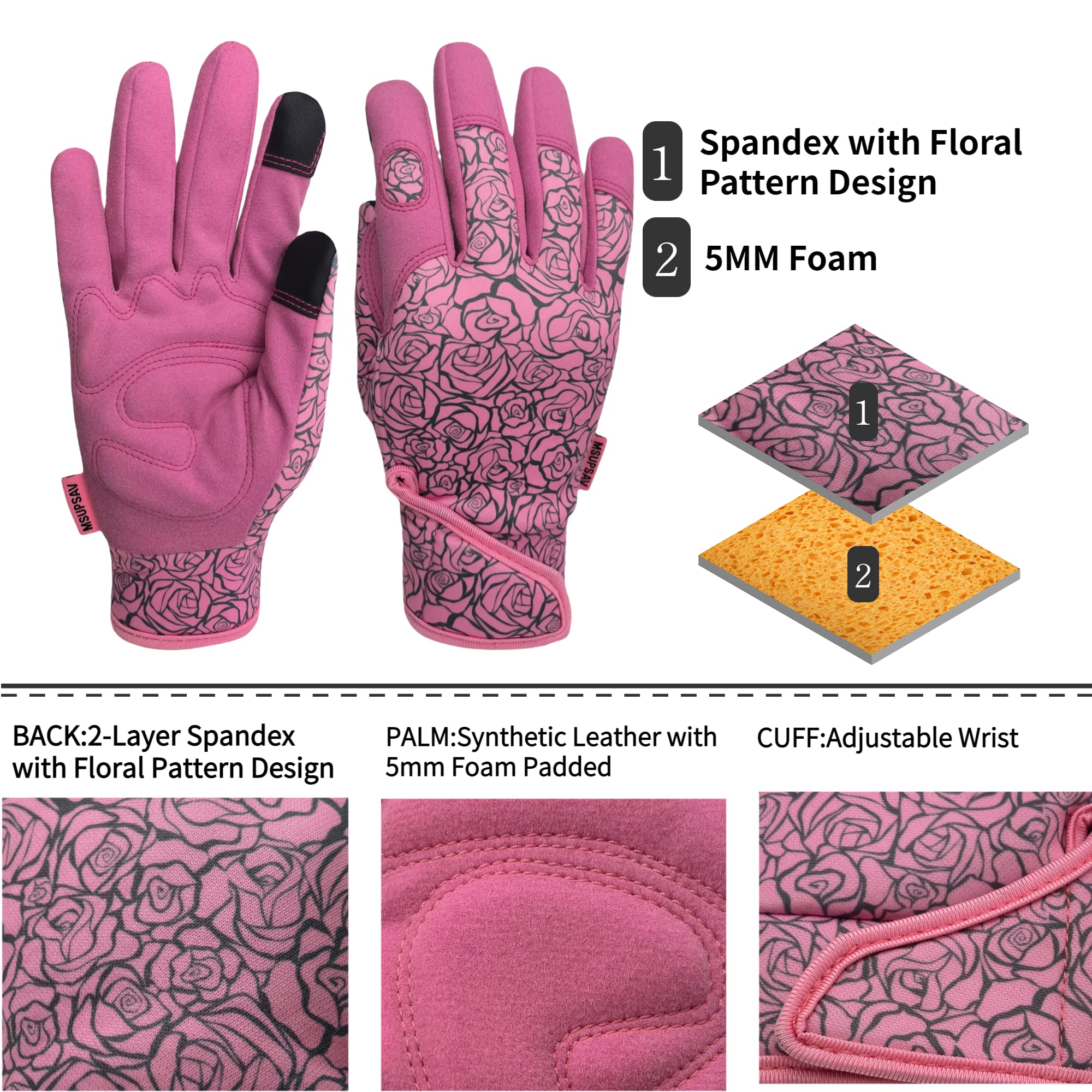 2 paia di guanti da giardinaggio da donna, guanti da giardino con touchscreen, guanti da lavoro per lavori in cortile, rosa (L)