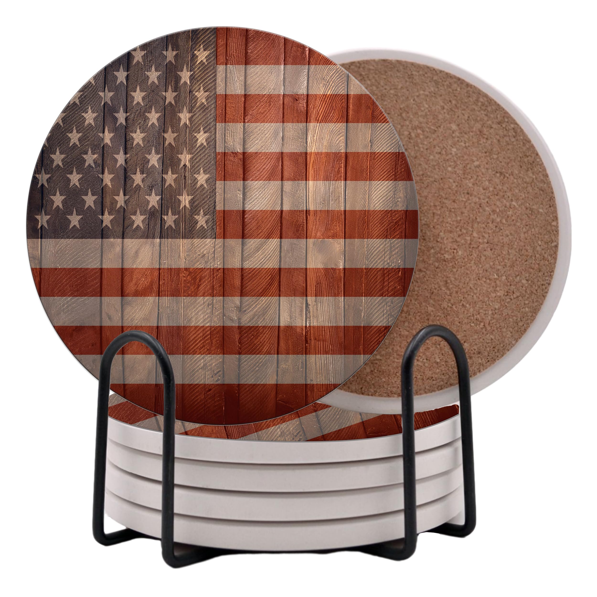 USA American Flag United States Round Coasters Set of 6 - Abosrbent Ceramic with Metal Stand for Drinks, Coffee, Non-Slip Cork Back for Tabletop