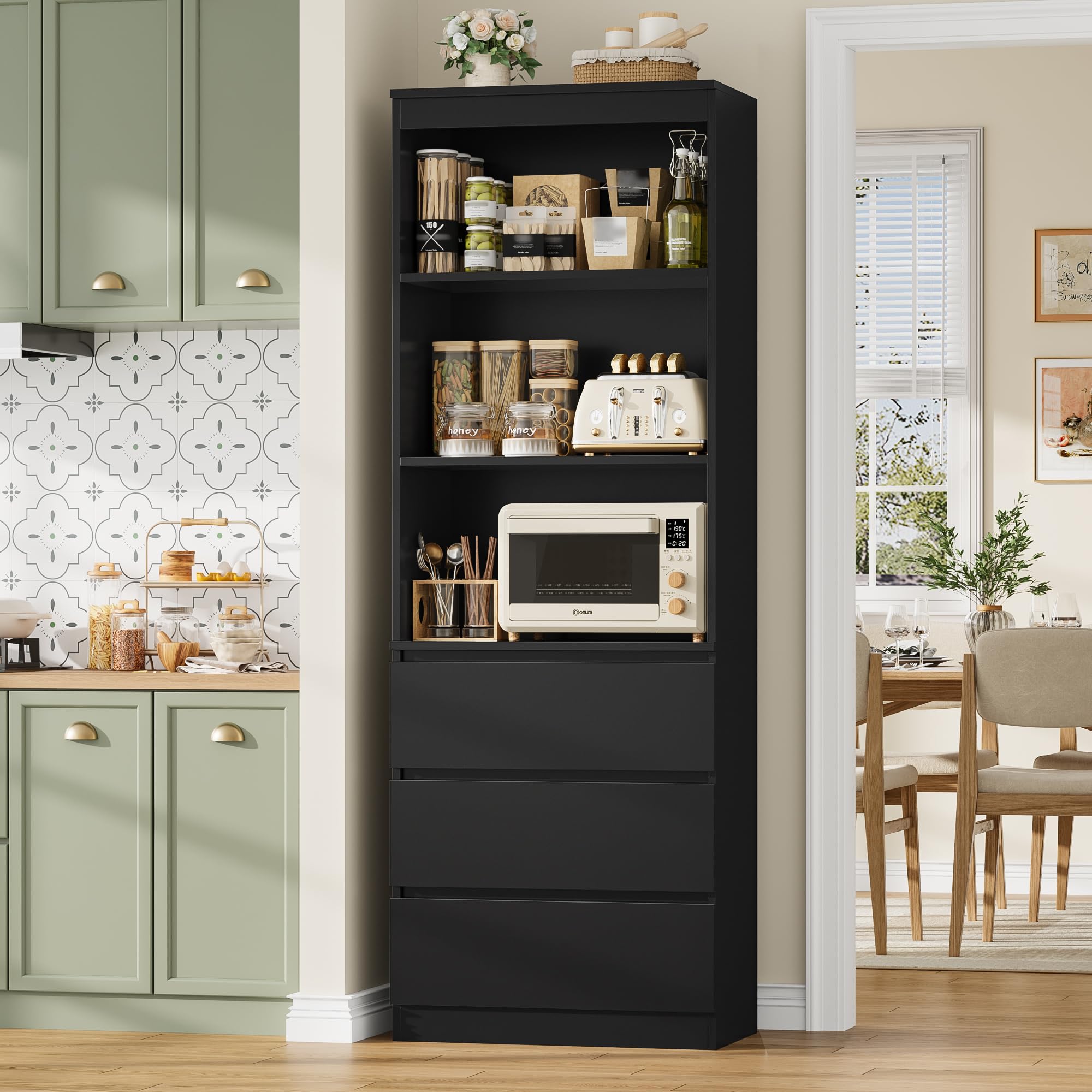 FirFurd Bücherregal mit 3 Schubladen 3 Fächern 180 cm Bücherschrank Vitrinenschrank Büroschrank Hochschrank Mehrzweckschrank für Wohnzimmer Büro Küche 60 x 35 x 180 cm Schwarz