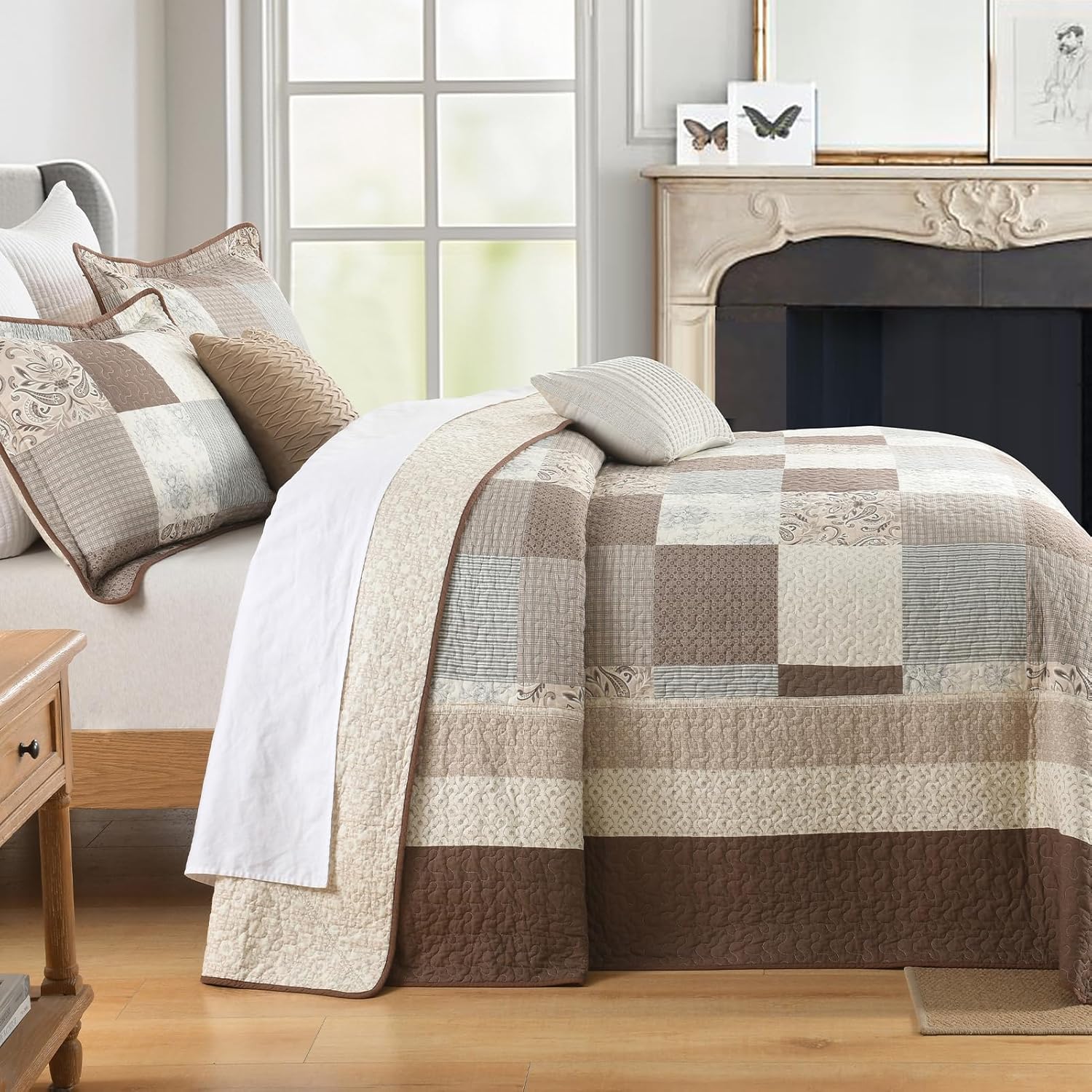 SahSahCasa 100% Cotton 120"x102" Oversized Queen Bedspread Coverlet Quilt Set, Plaid Paisley Floral Extra Large Reversible XL Bed Spread Lightweight Comforter, Brown/Beige/Gray - Image 3