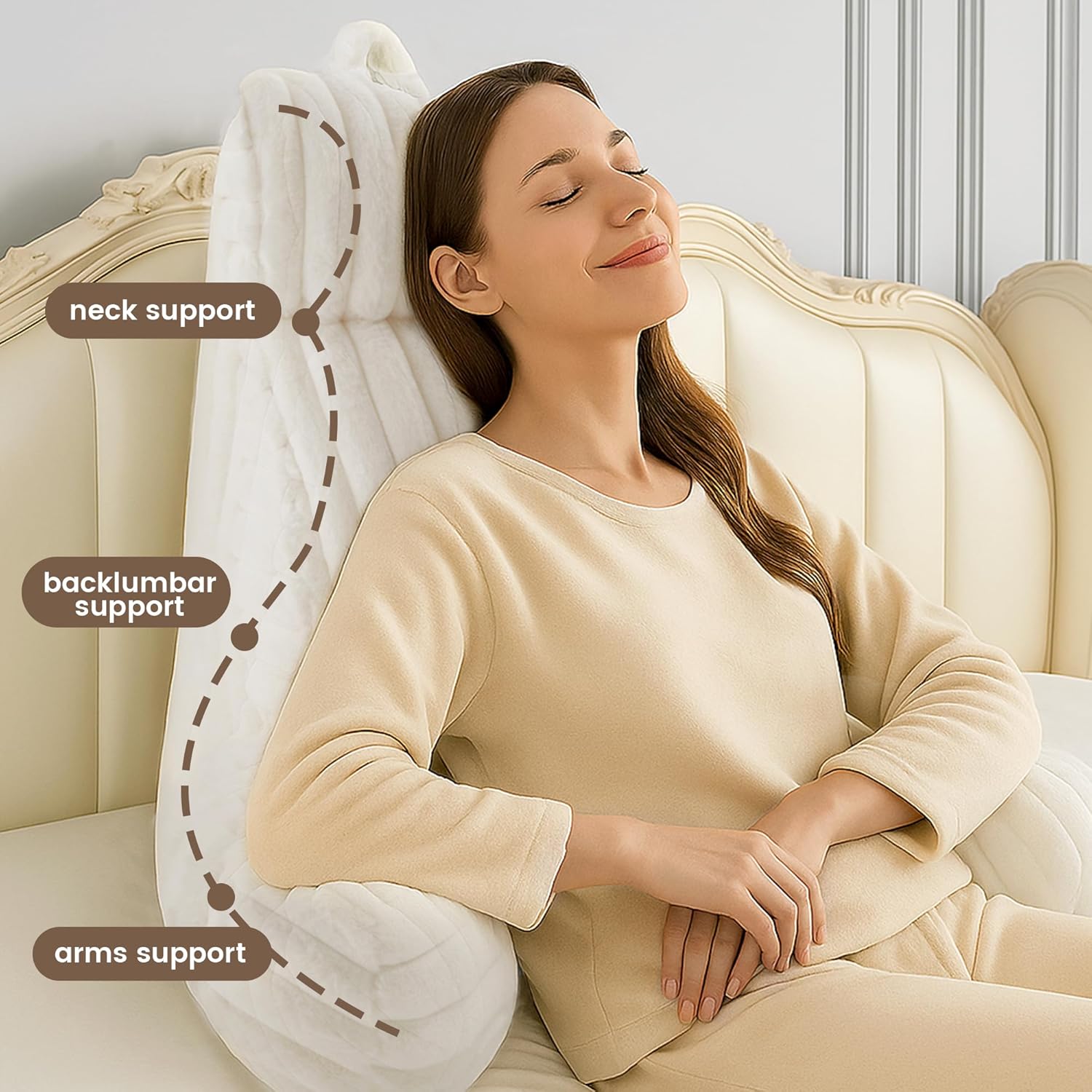 Amélie Home Faux Fur Reading Pillow with Pocket for Sitting in Bed, Adult Backrest Bed Pillow with Washable Cover for Lounging, Watching TV/Gaming/Resting/Post/Surgery/Nursing, Ivory, 29 inches Ivory Large(29inch)