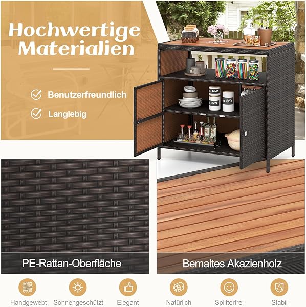 COSTWAY Gartenschrank Rattan, Terrassenschrank mit Akazienholz-Arbeitsplatte, offenem Fach und Doppeltür, Outdoor Aufbewahrungsschrank für Garten, Terrasse, 90 x 53 x 86 cm (Braun) - 4