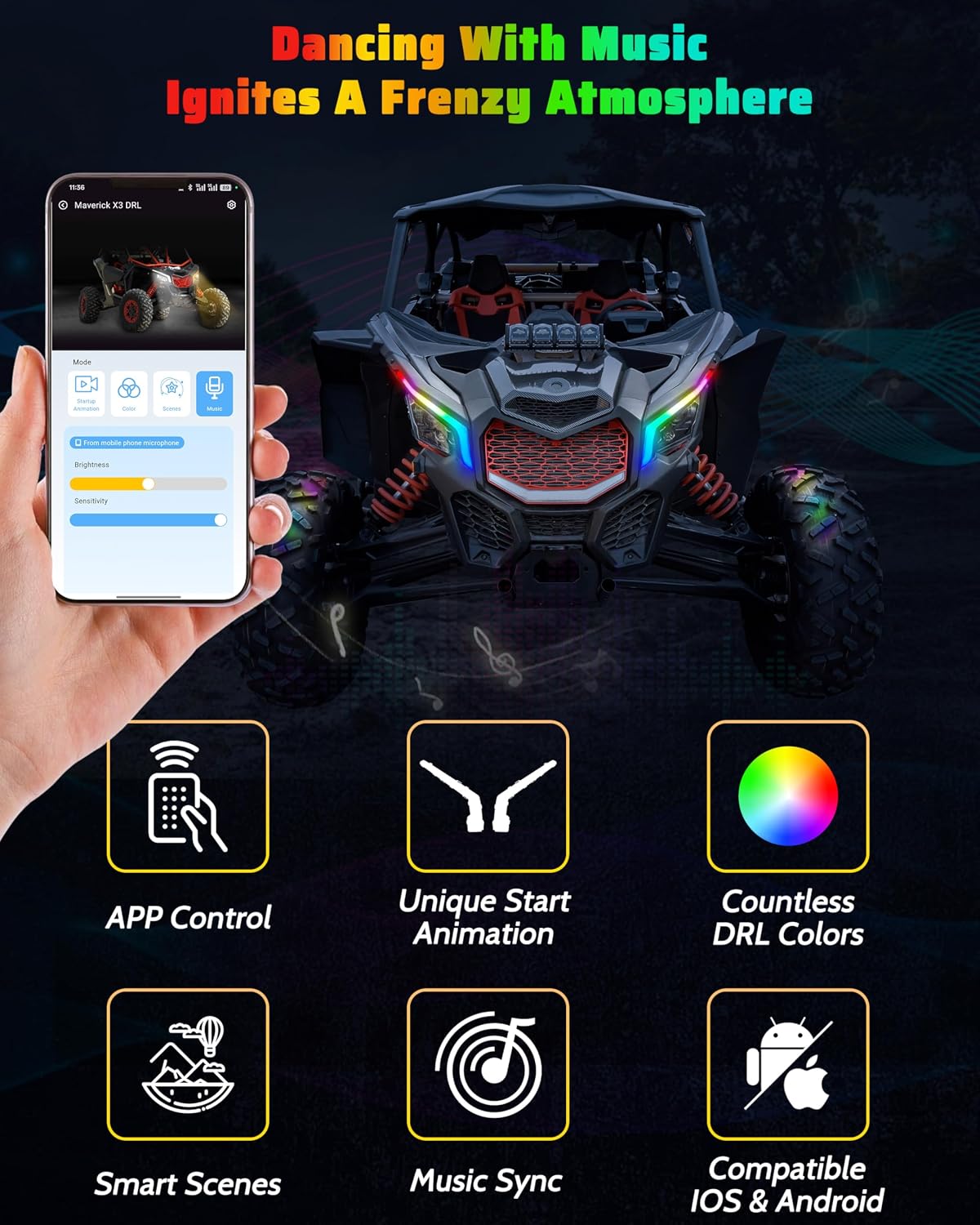RGB LED Fang Lights for Can-Am Maverick X3 & X3 Max Trail Sport 2017-2025 Accessories, APP Control, Start Animation, Turn Signals, Smart Scenes, Music Sync, Plug & Play, 2PCS