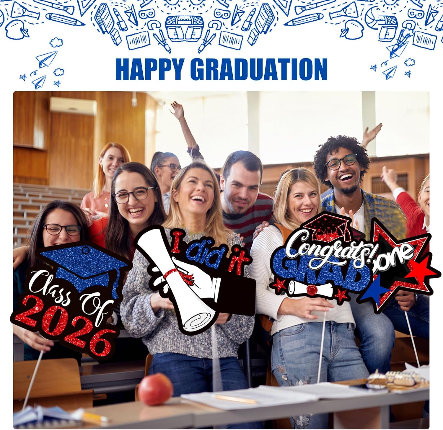 Honoson 8 Pcs Glitter Graduation Yard Signs Large 15.7x13 Inch Class of 2026 Graduation Decorations 2026 Grad Lawn Stakes Outdoor Grad Yard Decor for College High School Outdoor(Blue Red)