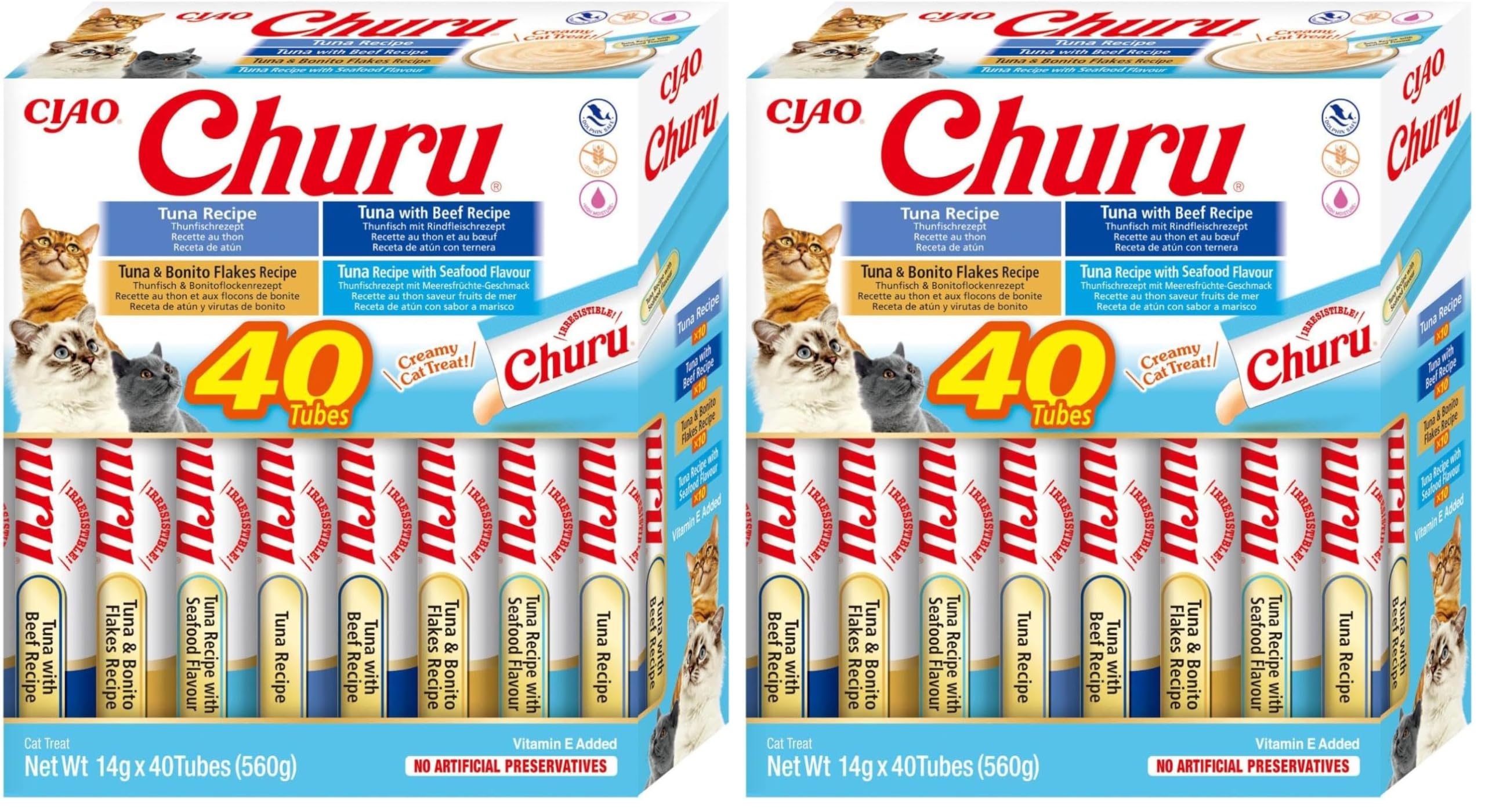 INABA Churu Katzenleckerlis Liquid Snack 88% Feuchtigkeit, Variety Box mit Thunfisch, Premium Katzensnacks aus Japan 40 x 14 g (Packung mit 2)