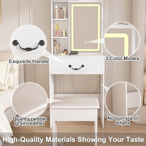 Miniatura 2 de Montary Mesa de tocador moderna mini con espejo iluminado por LED y almacenamiento oculto y taburete acolchado, 60 cm de diámetro, brillo ajustable