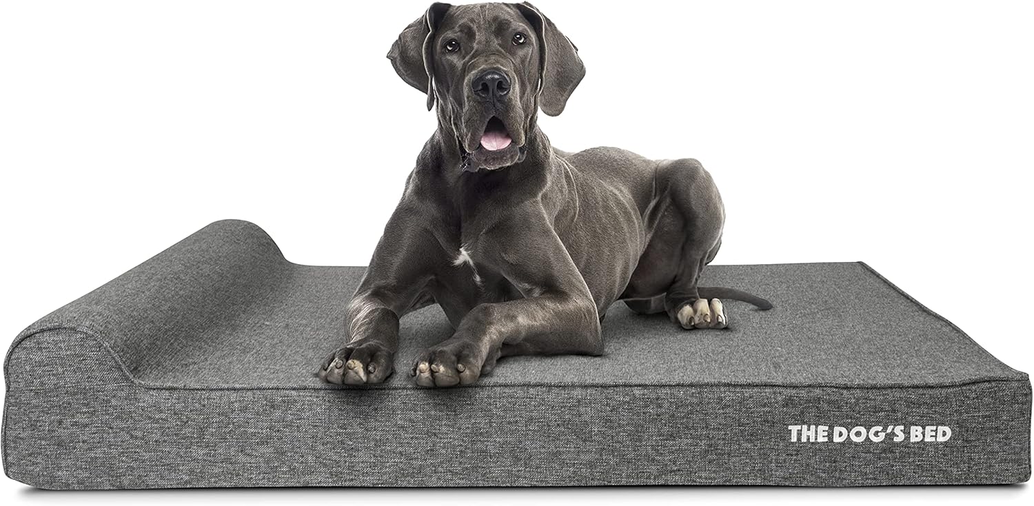 The Dog’s Bed Orthopedic Memory Foam Dog Bed with Headrest, Calming Surface – CertiPUR-Certified Foam, Linen Fabric, Grey Linen, XXL, 6-Inch