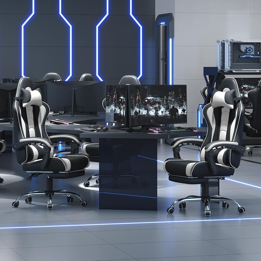 Yaheetech Gaming Chair, Video Game Chair with Massage Lumbar Support and Footrest Height Adjustable Ergonomic Computer Gaming Chair with Swivel Seat and Headrest, Black/White