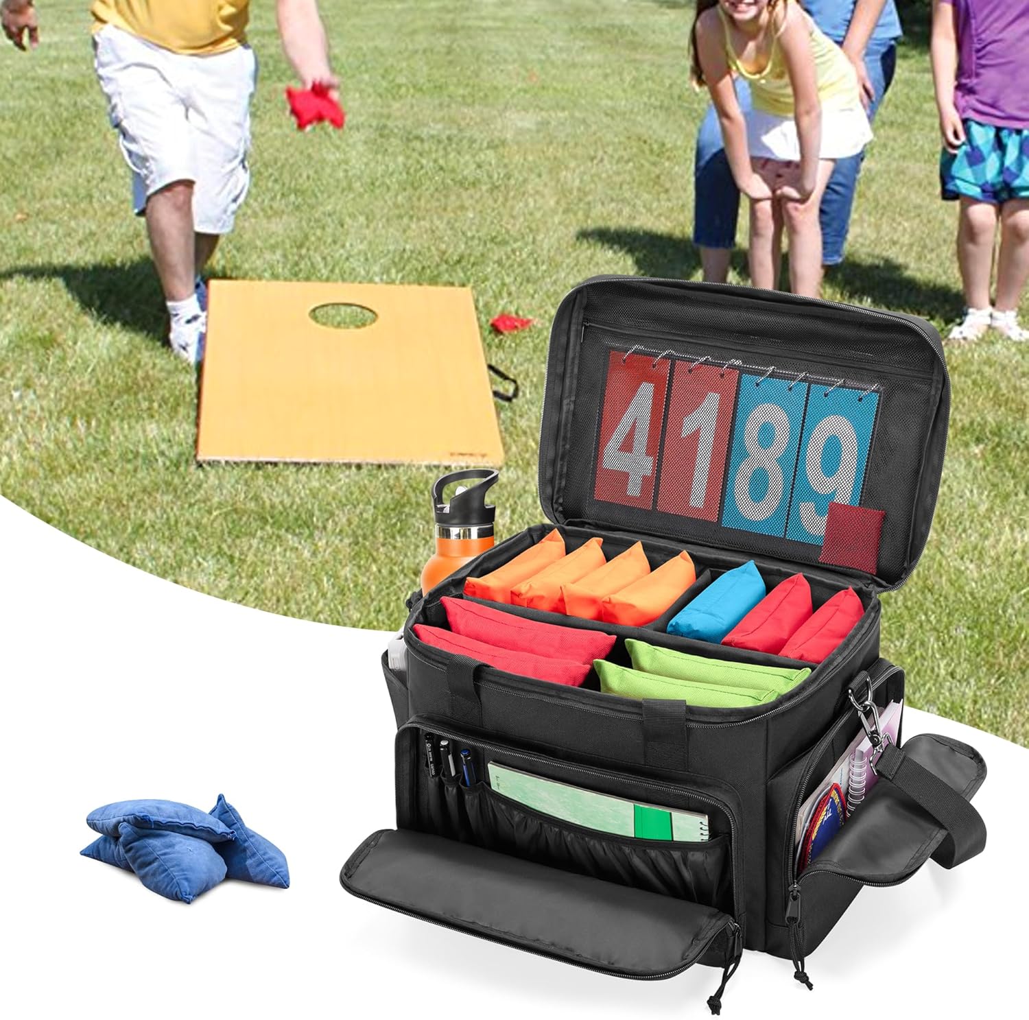 Cornhole Bag Holds Up to 14 Bean Bags, Professional Cornhole Carrying Bag with Detachable Divider, Molle Straps and Multiple Pockets for Essentials, Black