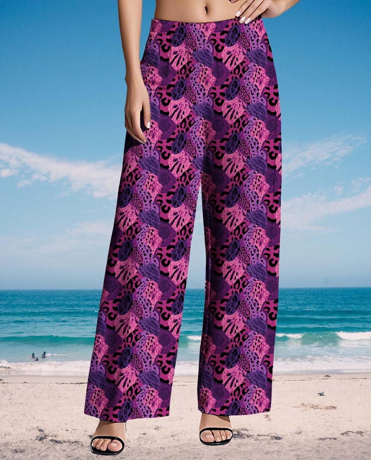 Womens Wide Leg Pants Plus Size High Waisted Pattern Print Lounge Trousers Classic Basic Comfy Work Office Pant - Image 3