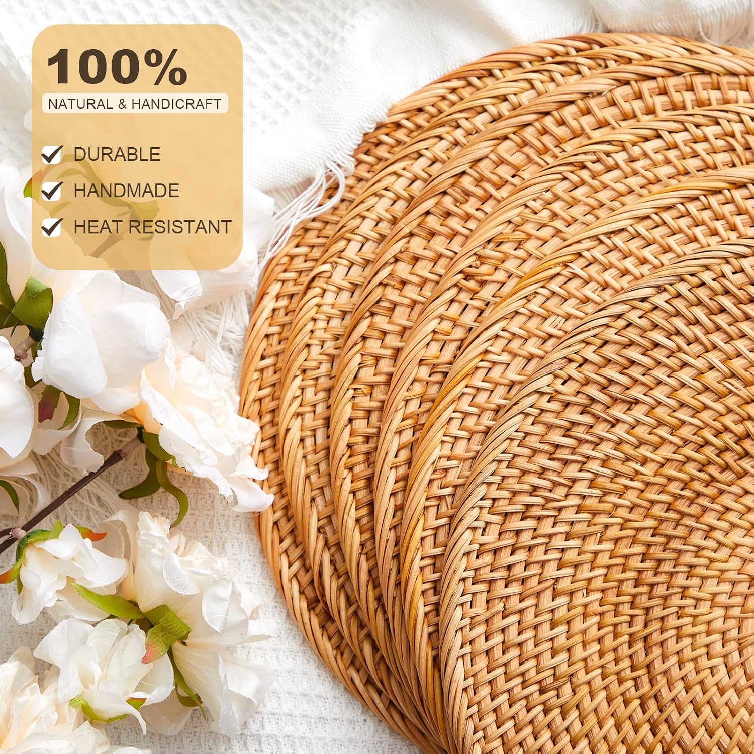 8 Pack 13'' Autumn Rattan Placemats Brown Round Natural Rattan Placemats Heat Resistant Boho Farmhouse Hand Woven Plates Chargers for Dinner Plates Home Wedding Table Mats Decorations