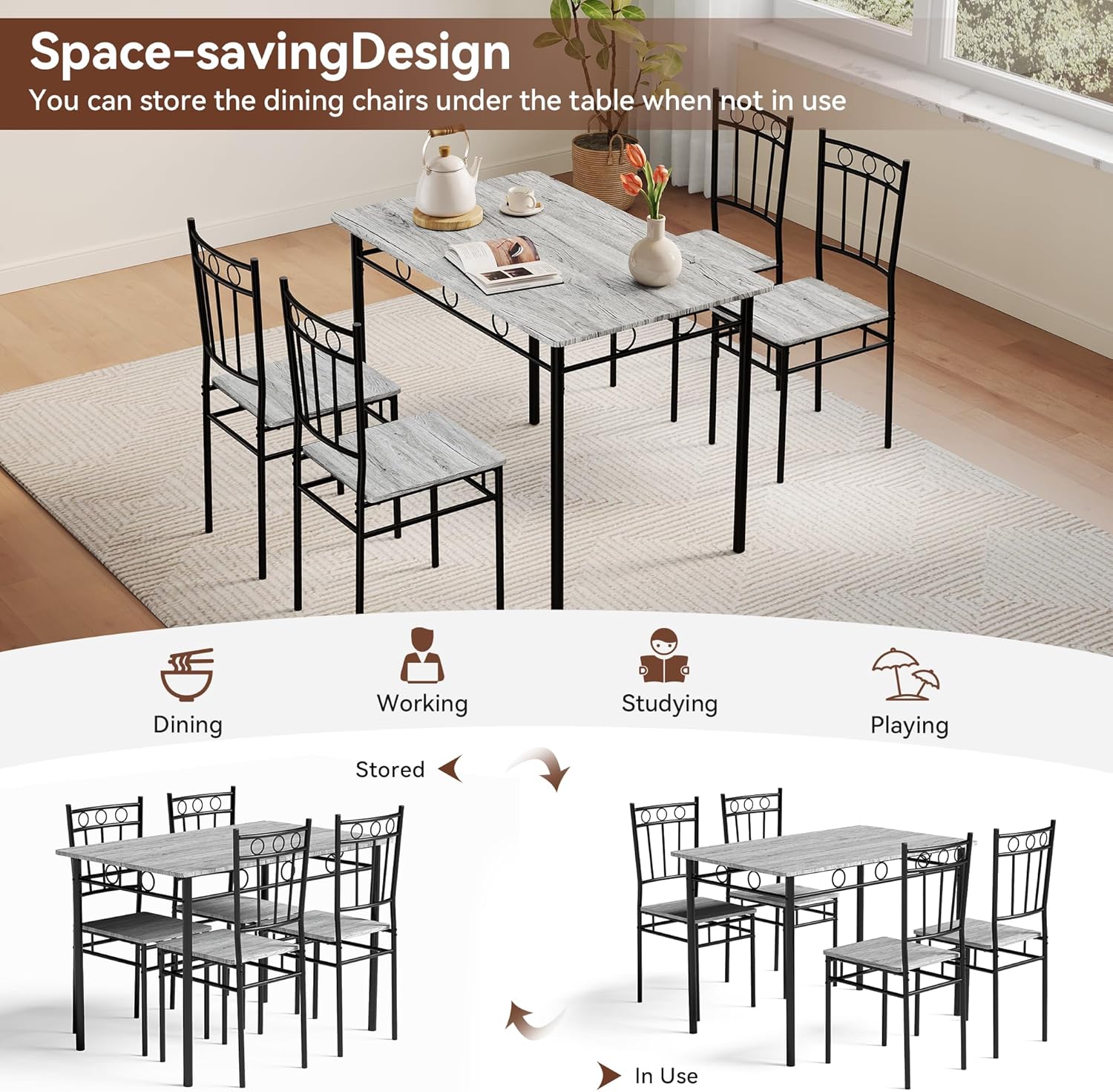 Diagram illustrating the space-saving design where chairs can be stored under the table when not in use, and how the set looks when in use.