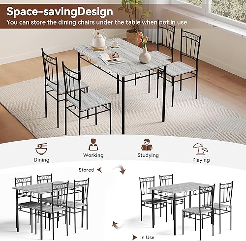 Miniatura 7 de Juego de mesa y sillas de comedor para cocina Vipbear para 4, juego de mesa de cocina de 5 piezas, juegos de mesa para comedor, juego de mesa gris