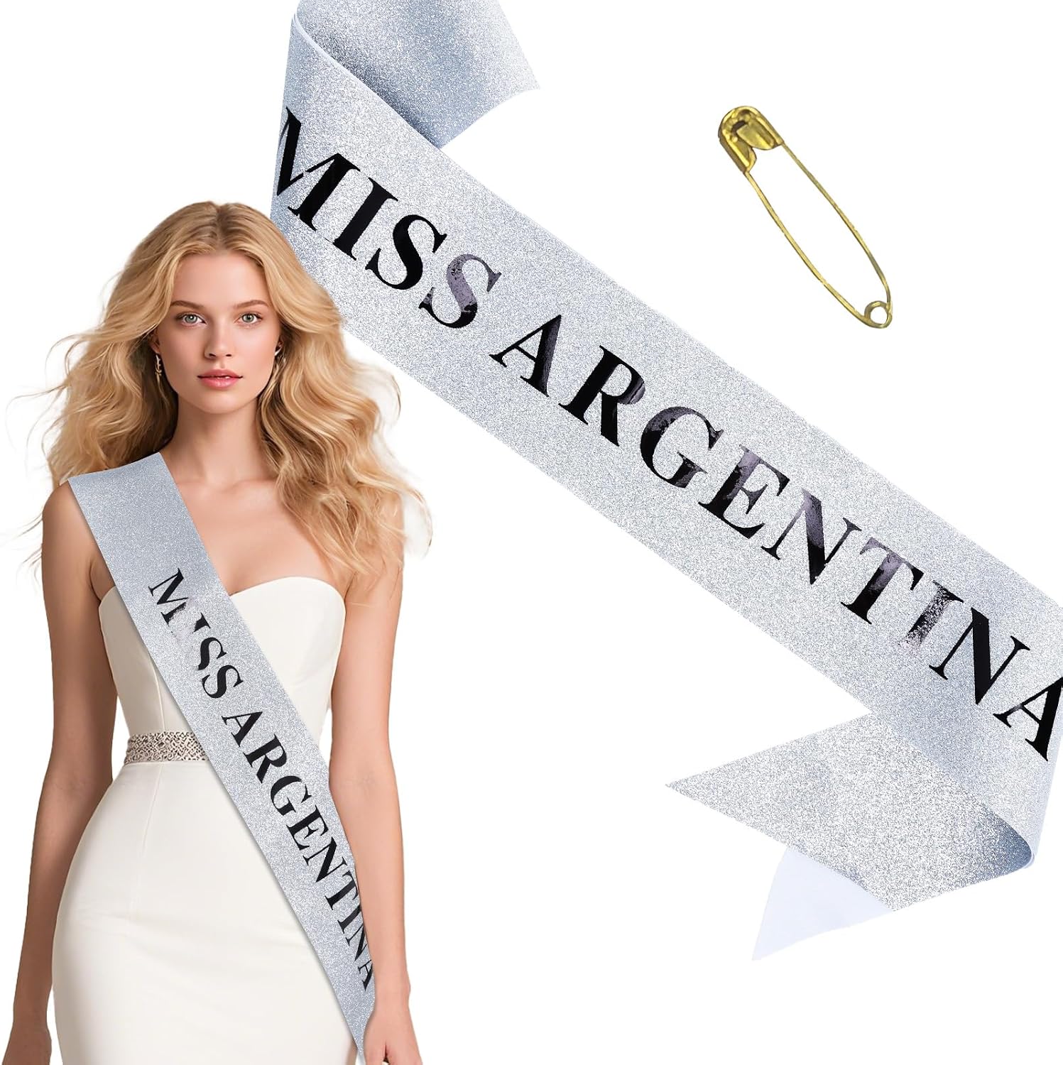 Miss Argentina Sash for Women - Silver Glitter Satin Costume Sash with Pin, Funny Halloween Pageant Stole for Cosplay Election Party Bachelorette Events, 63" x 3.74"
