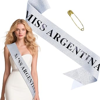 Miss Argentina Sash for Women - Silver Glitter Satin Costume Sash with Pin, Funny Halloween Pageant Stole for Cosplay Election Party Bachelorette Events, 63" x 3.74"