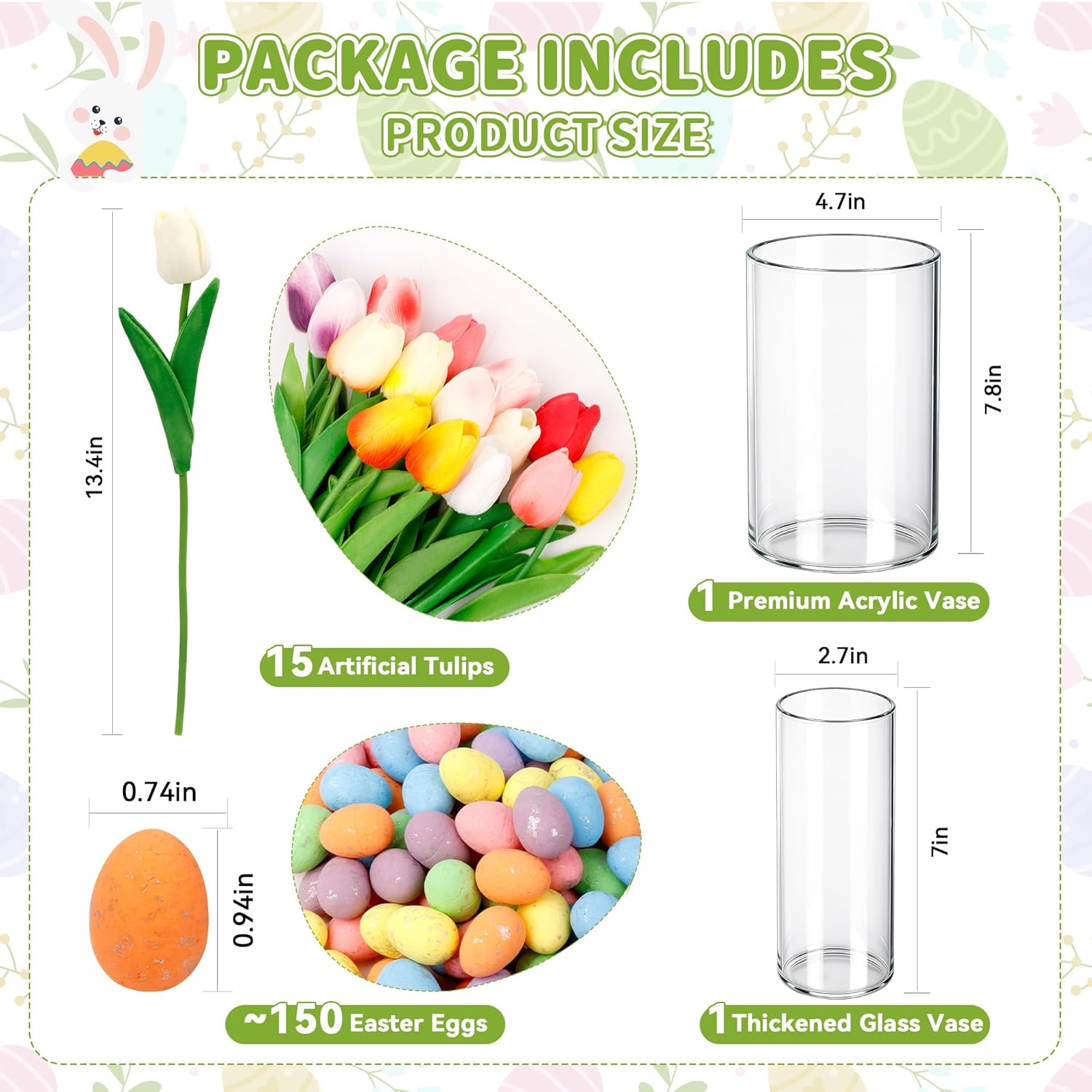 ALFEVA Easter Decorations-Vase in Vase 15pcs Artificial Tulips and Approx 150pcs Easter Eggs Filler, Easter Vaseset Ready to Display，Spring Decorations for Home Table