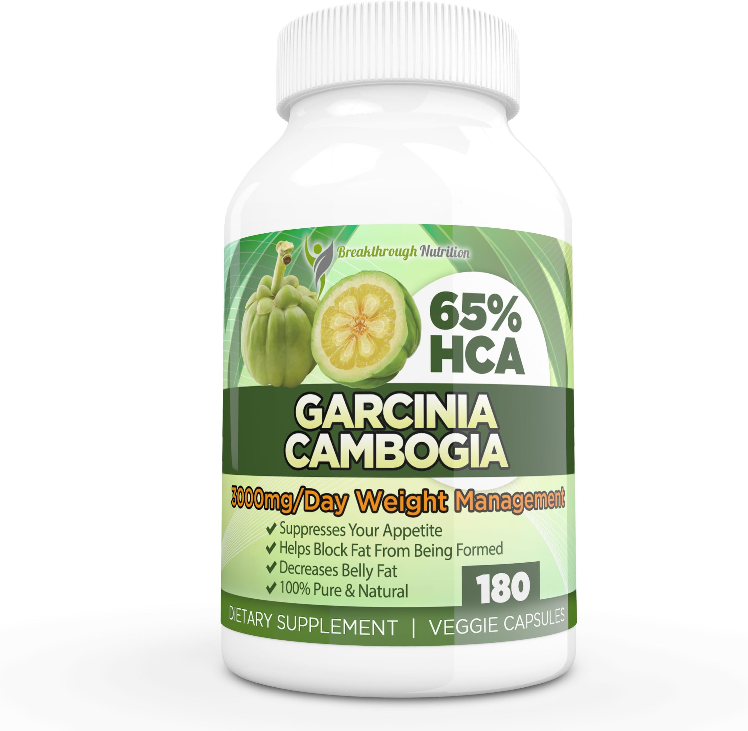 ★ Breakthrough Nutrition 100% Pure Garcinia Cambogia Extract 65% HCA 3000mg/day, 180 Veggie Capsules ★ Most Effective and Potent Garcinia Cambogia On The Market ★ Clinically Proven, Weight Loss, Fat Burner.