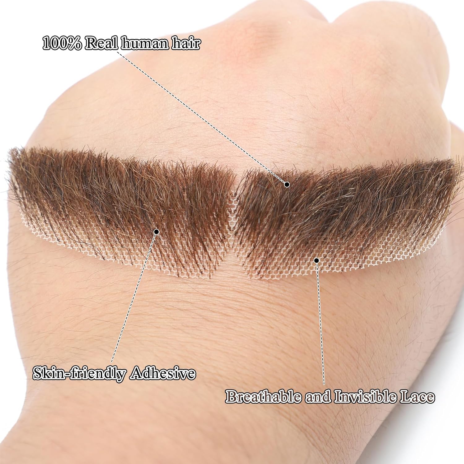 Fake Beard, Fake Mustache, Realistic Human Hair, Full Hand Tied Fake Facial Hair for Men, Costume, Cosplay, Halloween, Drama, Funny Party, Brown