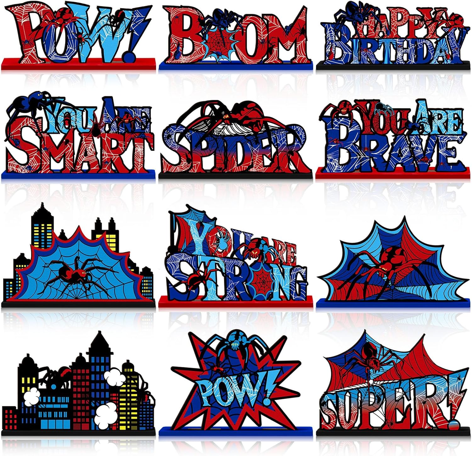 Yuntau 12 Pcs Spider Bithday Party Decoraions Spider Wooden Table Decorations Red and Blue Pattem Design Happy Birthday Table Centerpiece Sign for Boy Cartoon Party Supplies