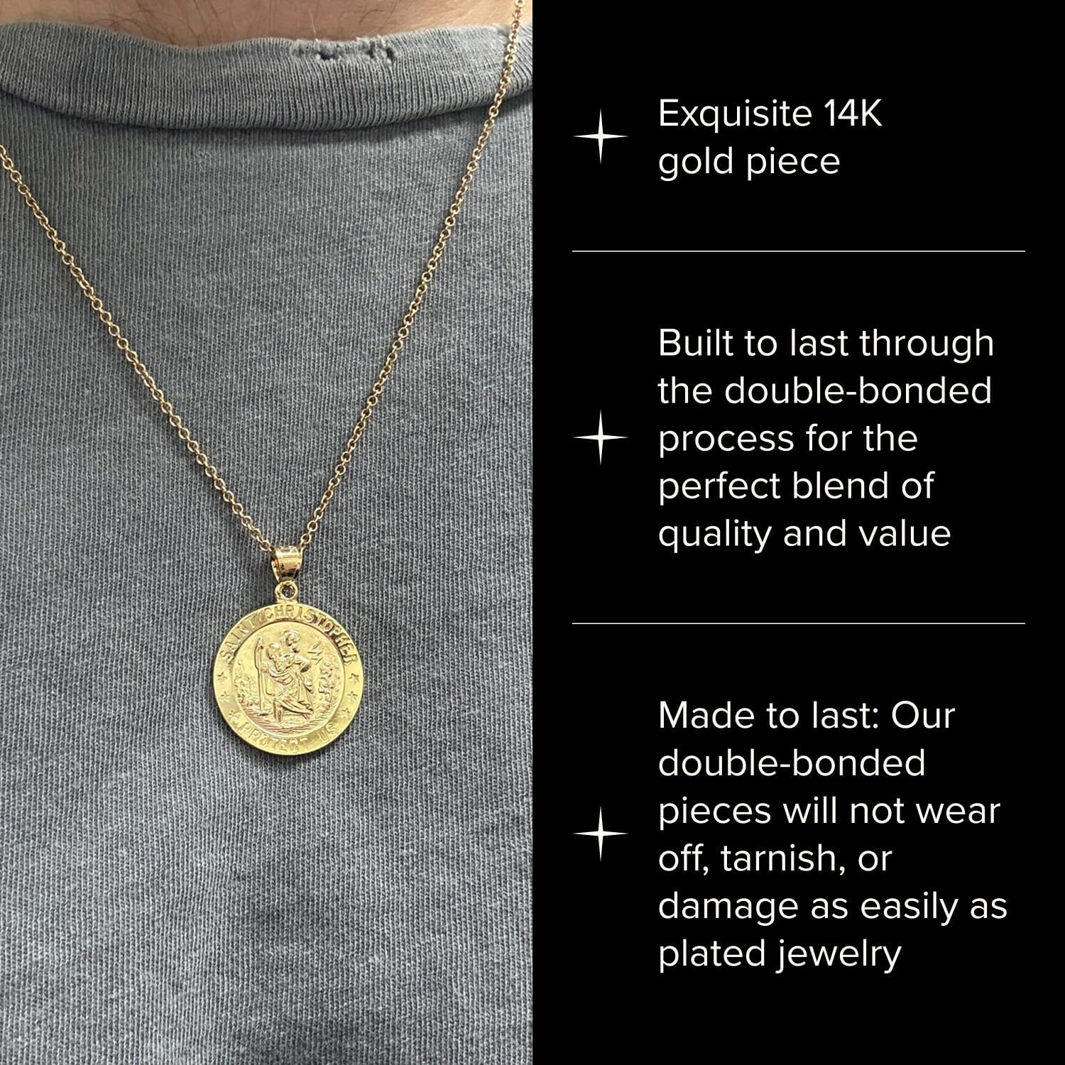 CROSS + CROWN Premium 14K Yellow Gold, Durable Double-Bonded Pendant for Necklace, Women & Mens Gold St Christopher Medal & Premium Jewelry Box, Handcrafted Religious Jewelry in the USA