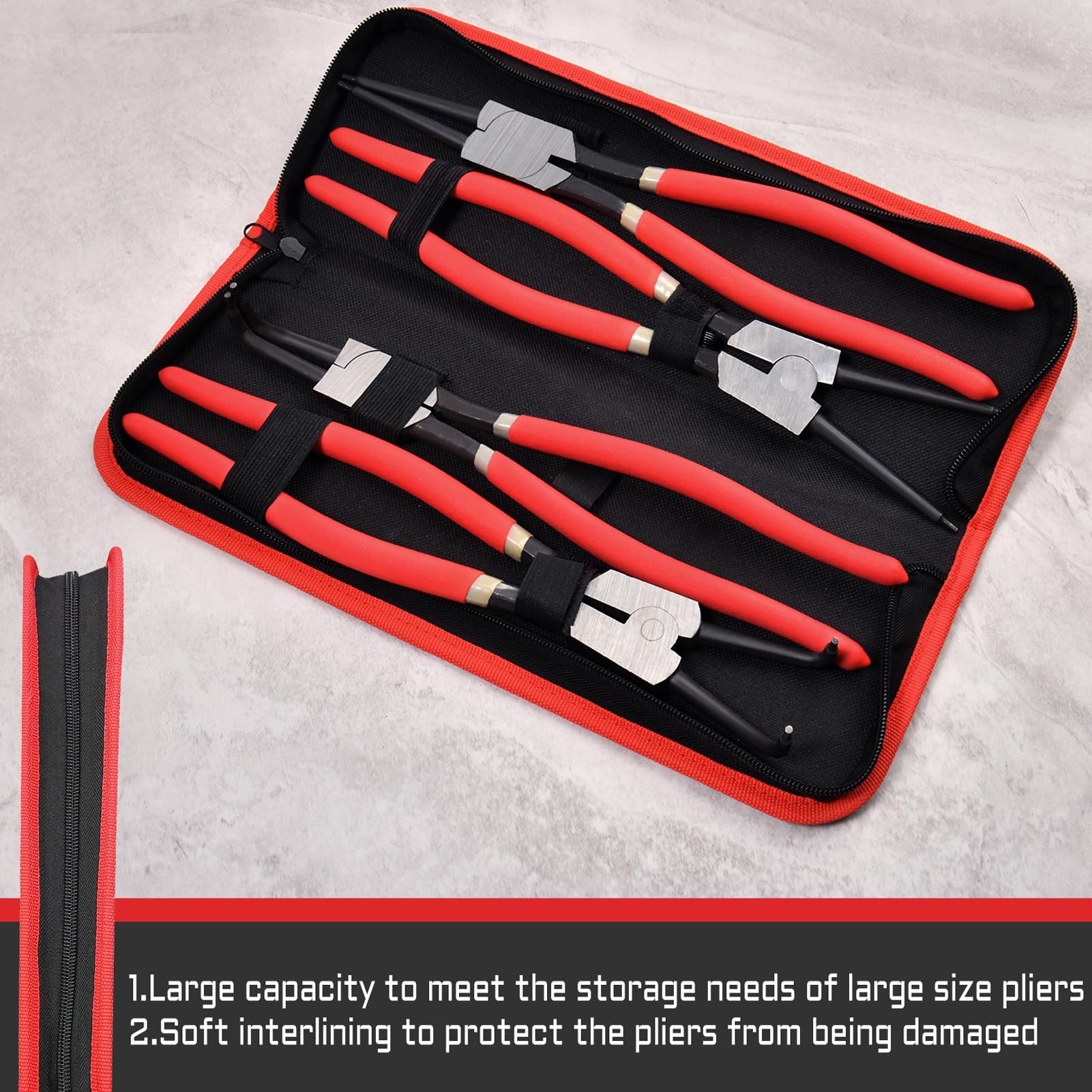 LEONTOOL 4pcs 13 pulgadas de servicio pesado interno y externo alicates con bolsa de almacenamiento de punta de mandíbula doblada recta, para instalar anillo de retención de extracción