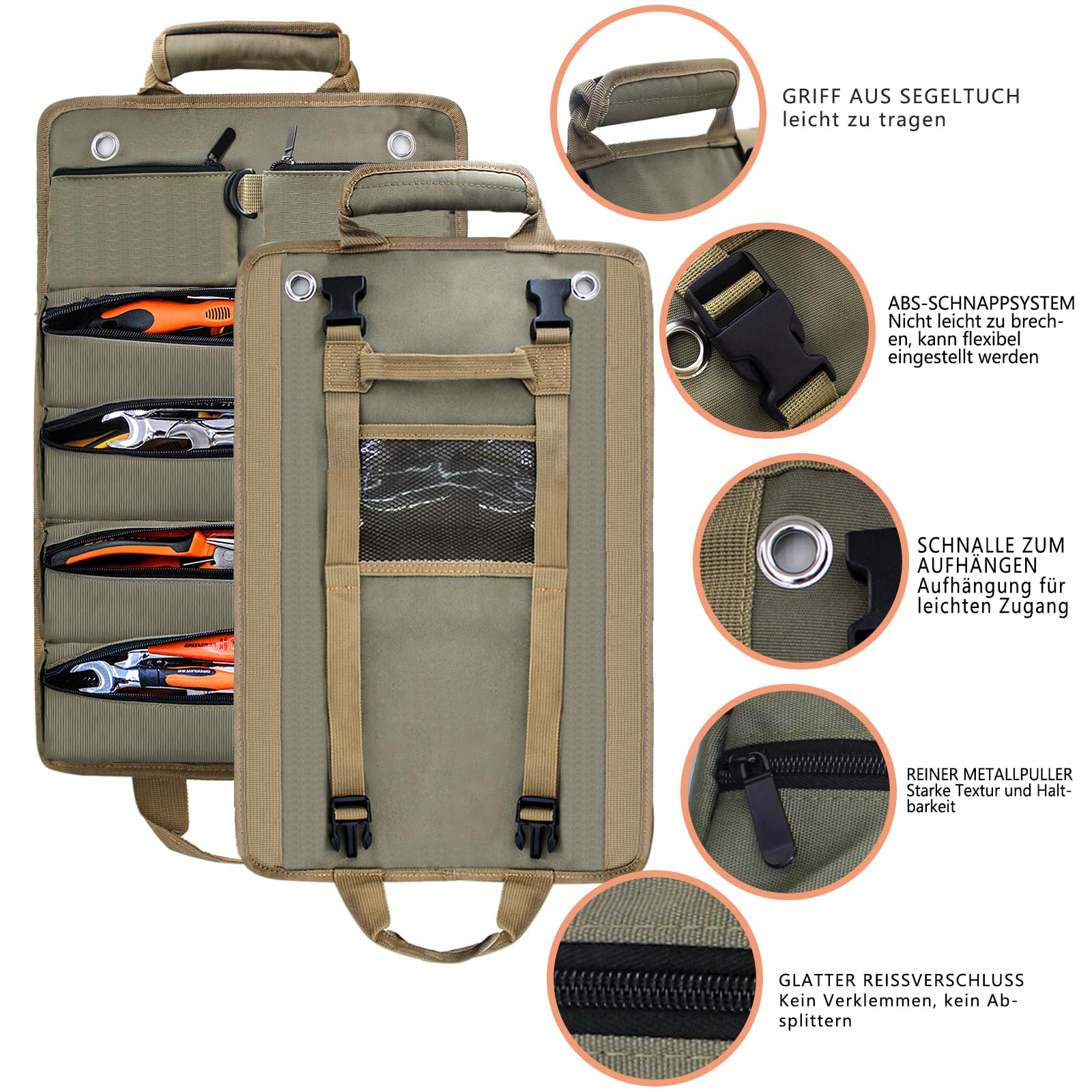 Boshiho Tool Bag Roll Bag Empty Canvas Tool Roll Bag, Professional Multi-Purpose Tool Roll Bag with 6 Zip Pockets - Image 4