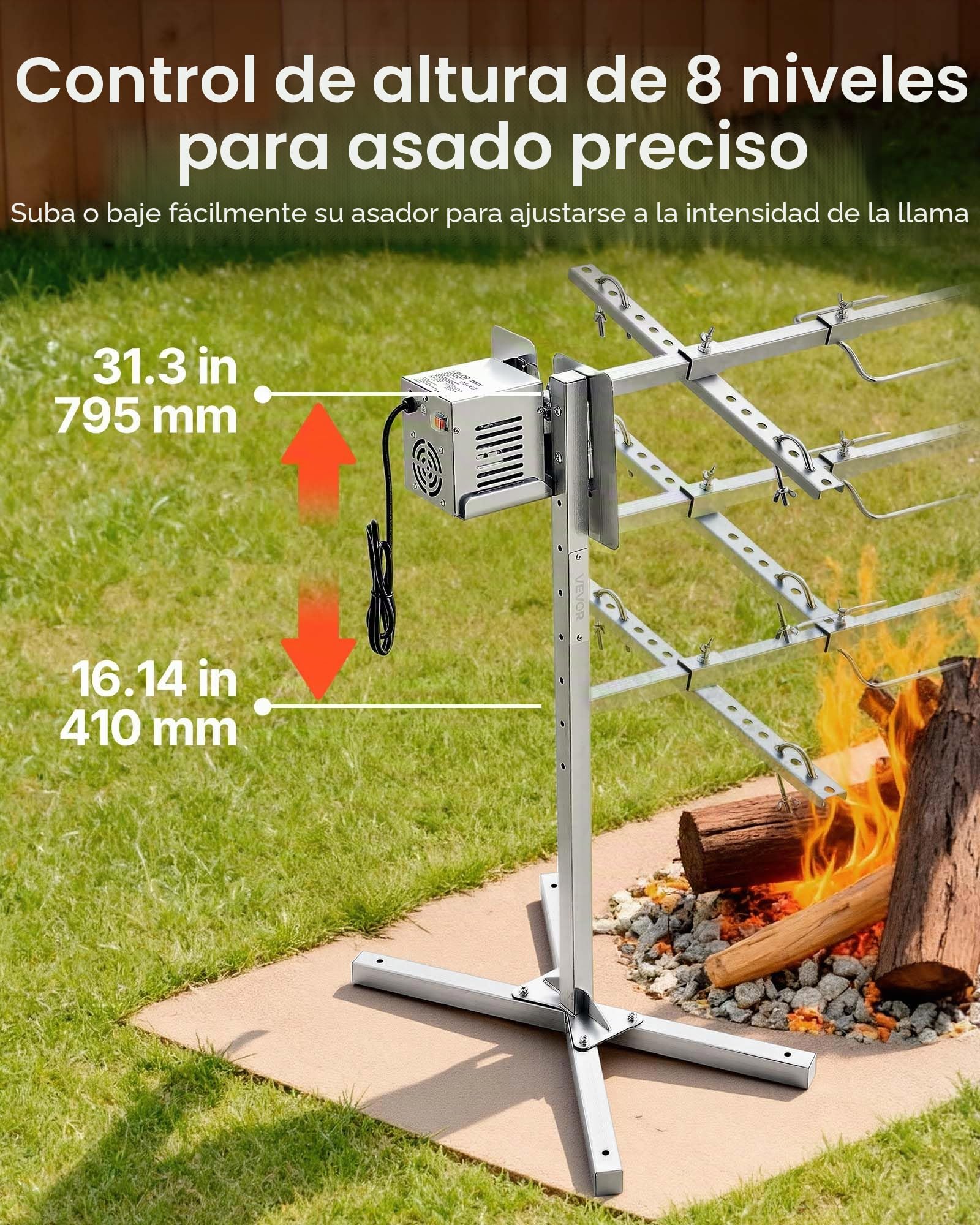 VEVOR Asador Giratorio Eléctrico 8 Niveles de Altura, Capacidad de Carga de 40 kg, Motor de 38 W, Acabado en Acero Inoxidable, Rotación Suave de 360°, Parrilla para Fiestas, Acampadas, Barbacoas