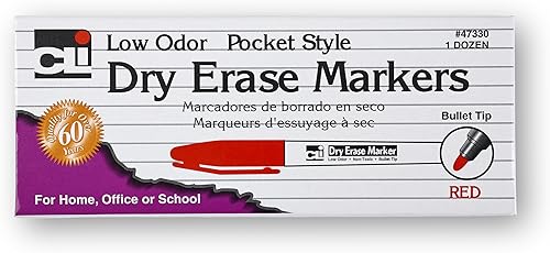 Charles Leonard Marcadores de borrado en seco, estilo bolsillo con punta de bala, 12 marcadores por caja, rojo (47330)