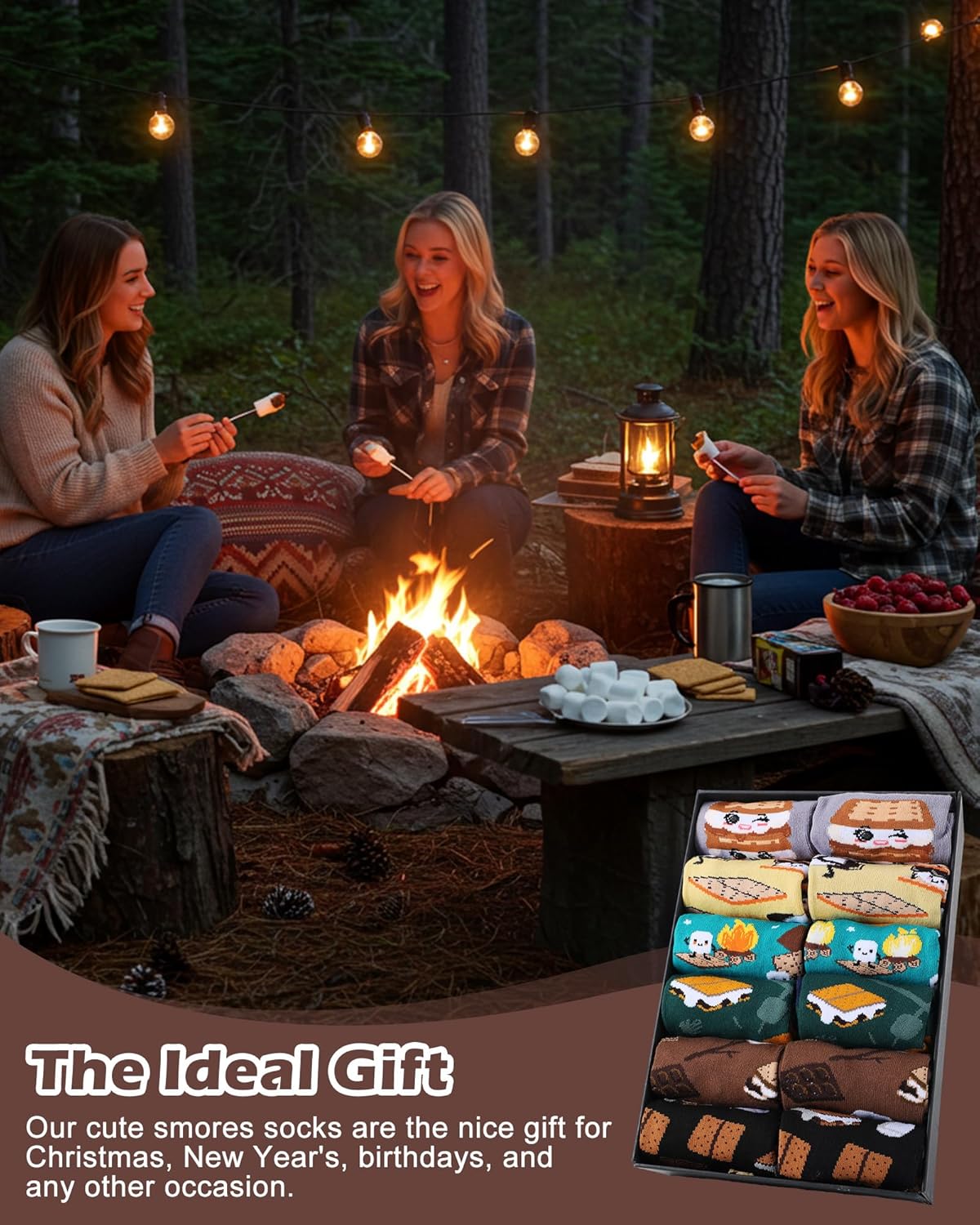 Ramede 6 Pairs S'mores Marshmallow Socks for Women Men Smores Crew Socks with Sweet Cookie Pattern Novelty S'mores Gifts for Birthday Party Favors Hiking and Camping Supplies - Image 6