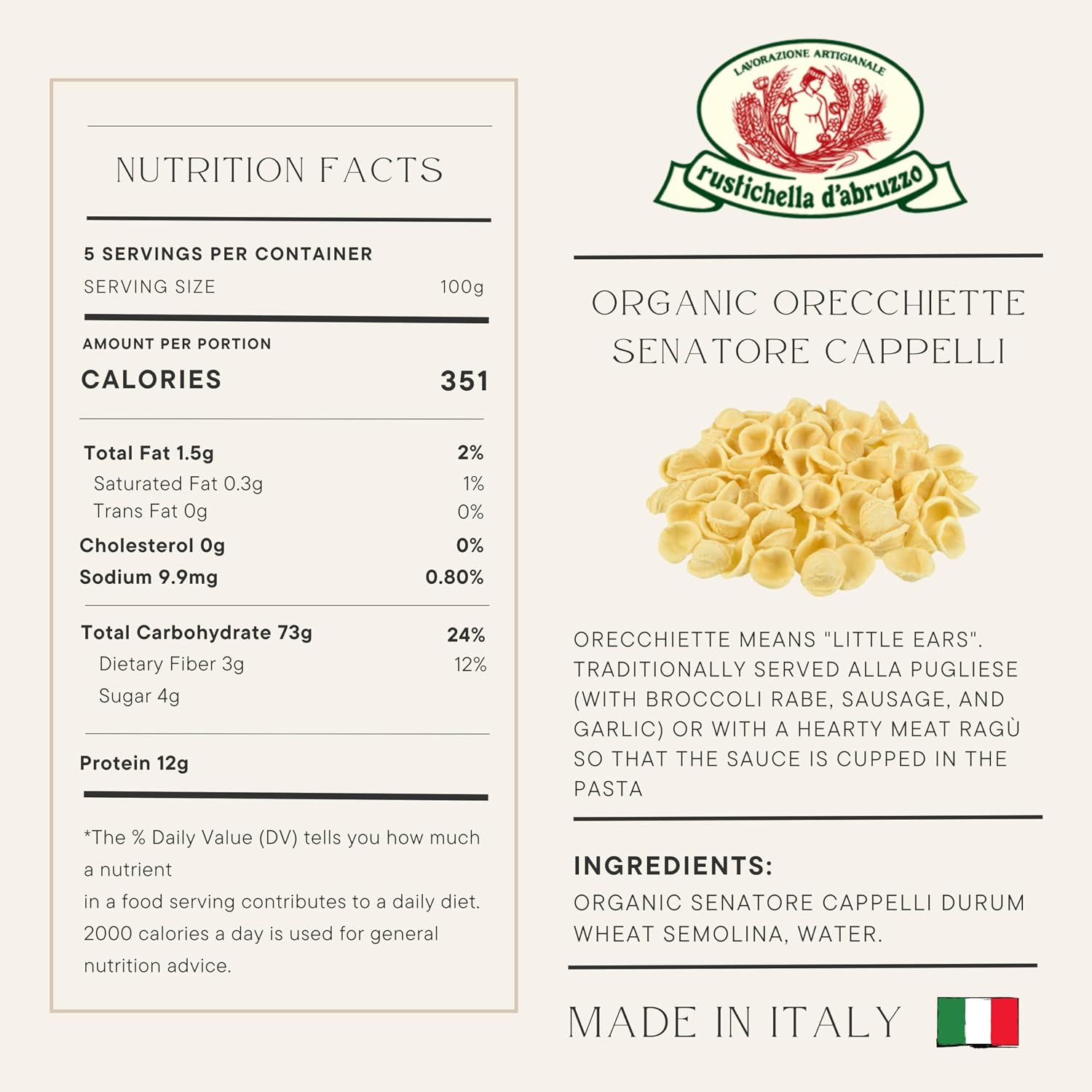 Rustichella d'Abruzzo Organic Senatore Cappelli Orecchiette Pasta (Pack of 2)– 500g, Traditional Italian Durum Wheat, Authentic Pugliese Shape, Hearty & Flavorful, Perfect for Sauces