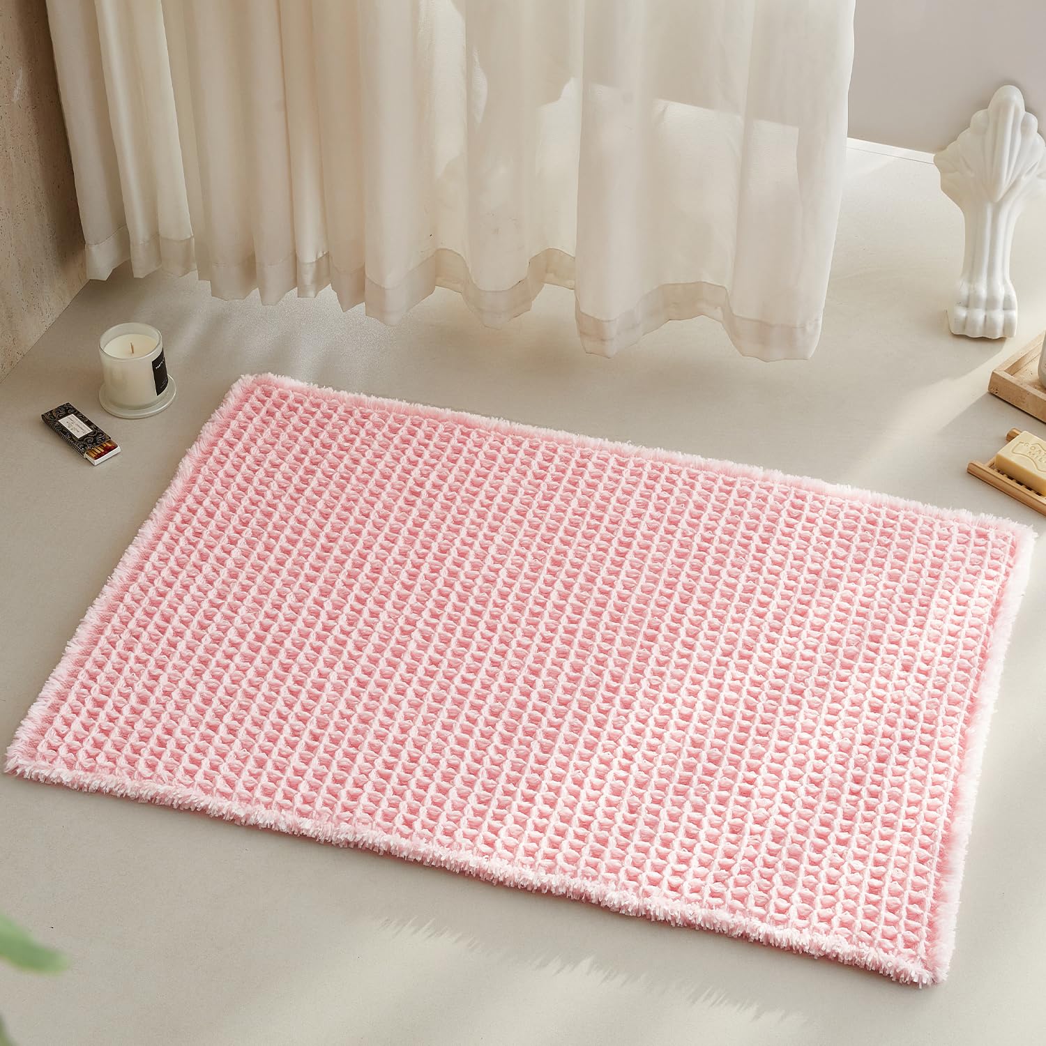 TYUU Light Peachy Pink Bathroom Rugs, Waffle Bath Mat Non Slip Washable Quick Dry Cute Bath Mat Boho Farmhouse Bathroom Decor, 36"x24" Light Peachy