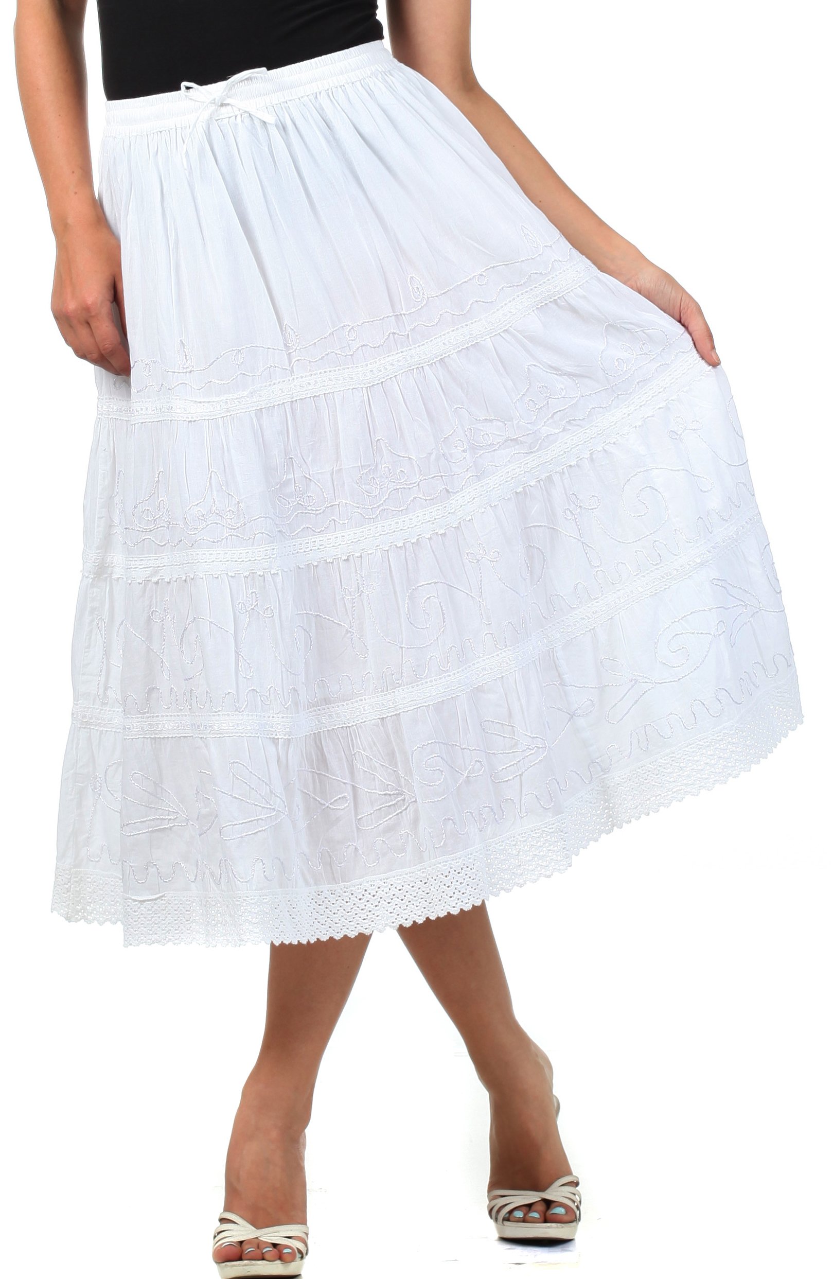 Sakkas Solid Embroidered Crochet Lace Trim Gypsy Bohemian Mid Length Cotton Skirt