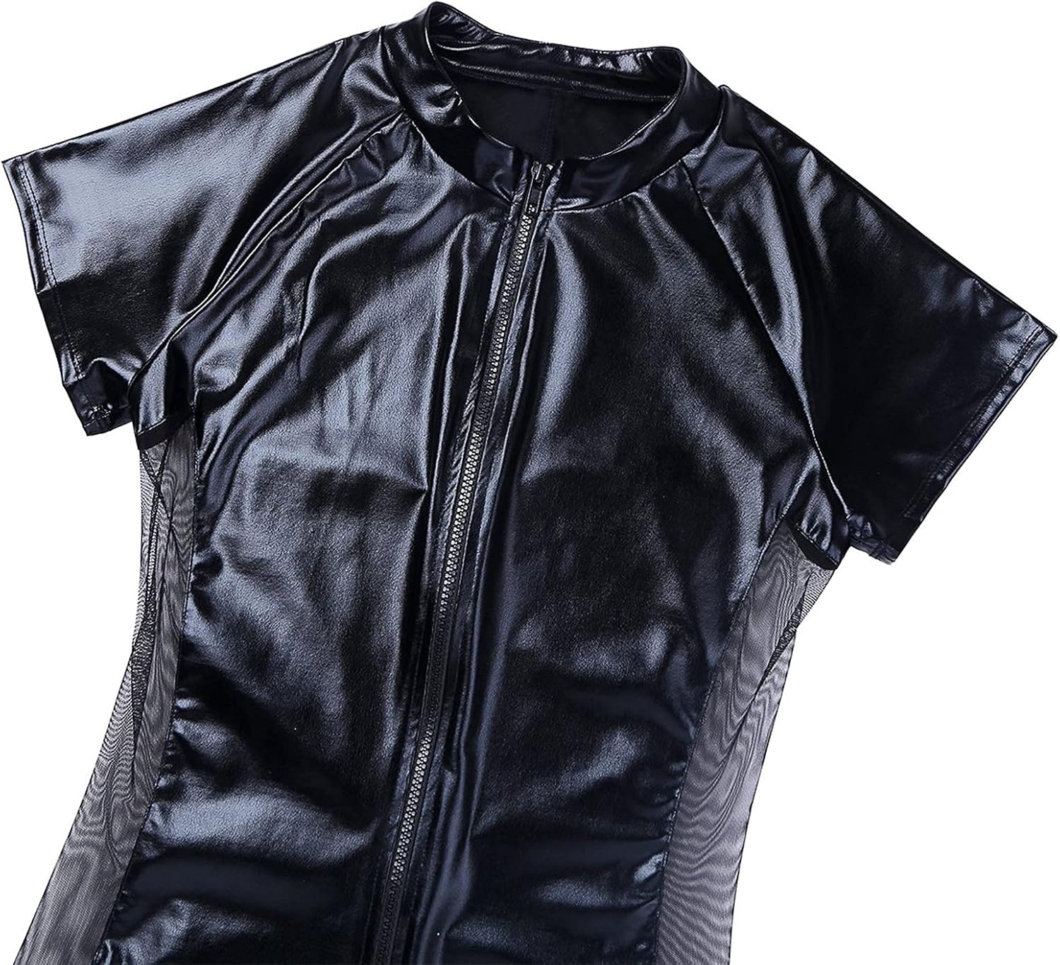 Men's One Piece Faux Leather Bodysuit Mesh Side Front Zipper Leotard jumpsuit