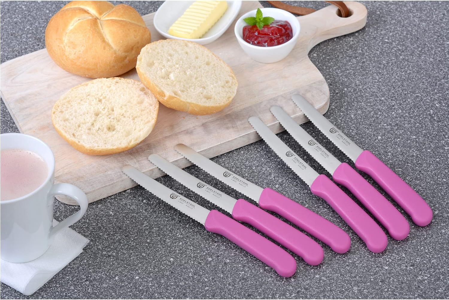 GRWE Table Knife Set - 6 Pieces, 8.3 Inch Bread Knives With Serrated Edge on One Side for Cutting and Breakfast - Pink