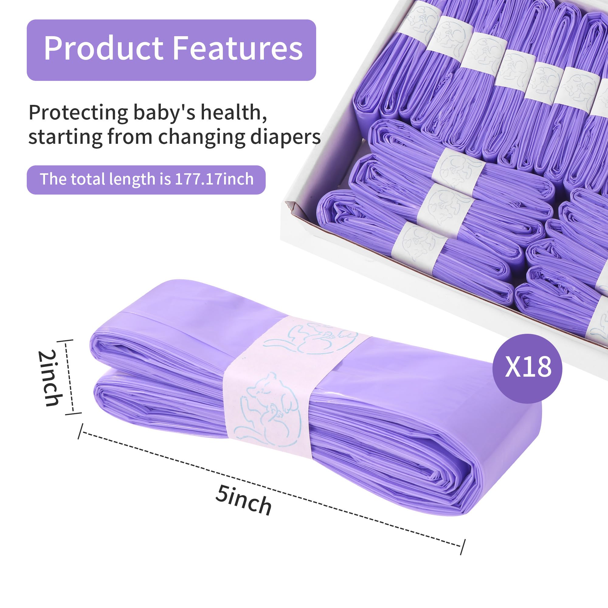 18 Pezzi Ricarica Mangiapannolini, Antiodore Inodore Addensata Sacchetti Mangiapannolini, 4.5M Maialino per Foppapedretti Angelcare Tommy Tippee Ricariche & Click Simplee Tec Litter Locker（Viola）