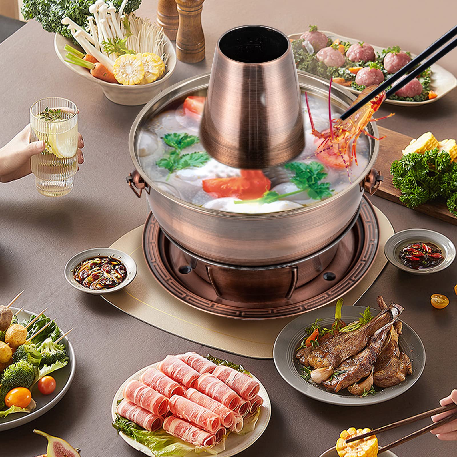 Olla caliente de acero inoxidable Olla caliente de carbón chino de 2 litros, Fondue de carnes Cocina de picnic al aire libre Olla caliente de cobre chino Olla caliente de carbón de Beijing for cenas f