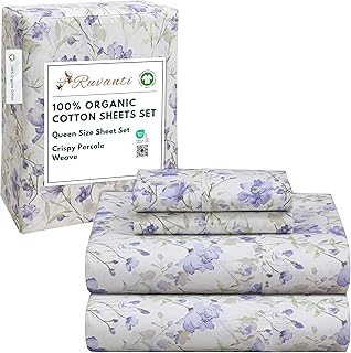 RUVANTI 100% Organic Cotton Sheets Queen Size, Percale Weave, GOTS Certi...