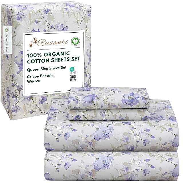 RUVANTI 100 Organic Cotton Sheets Queen Size Percale Weave GOTS Certified 4-Piece Set Deep Pocket 15 Crisp Breathable