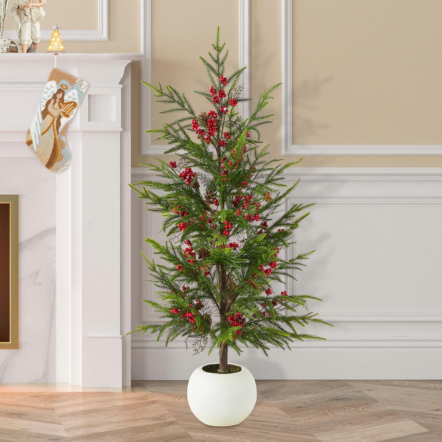 Glitzhome 37.5" H Artificial Christmas Tree, Greenery Potted Xmas Tree PE Dripping Pine Porch Tree with Pinecones and Red Berries, Ideal for Outdoor Indoor Home Holiday Decor