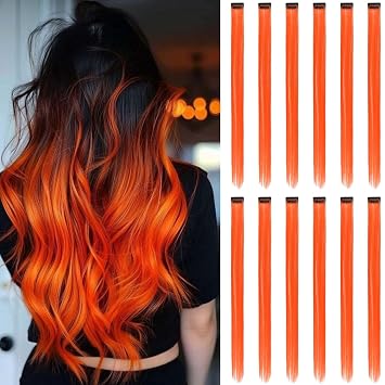 Colored Hair Extensions Clip In, 12 Pieces, Orange