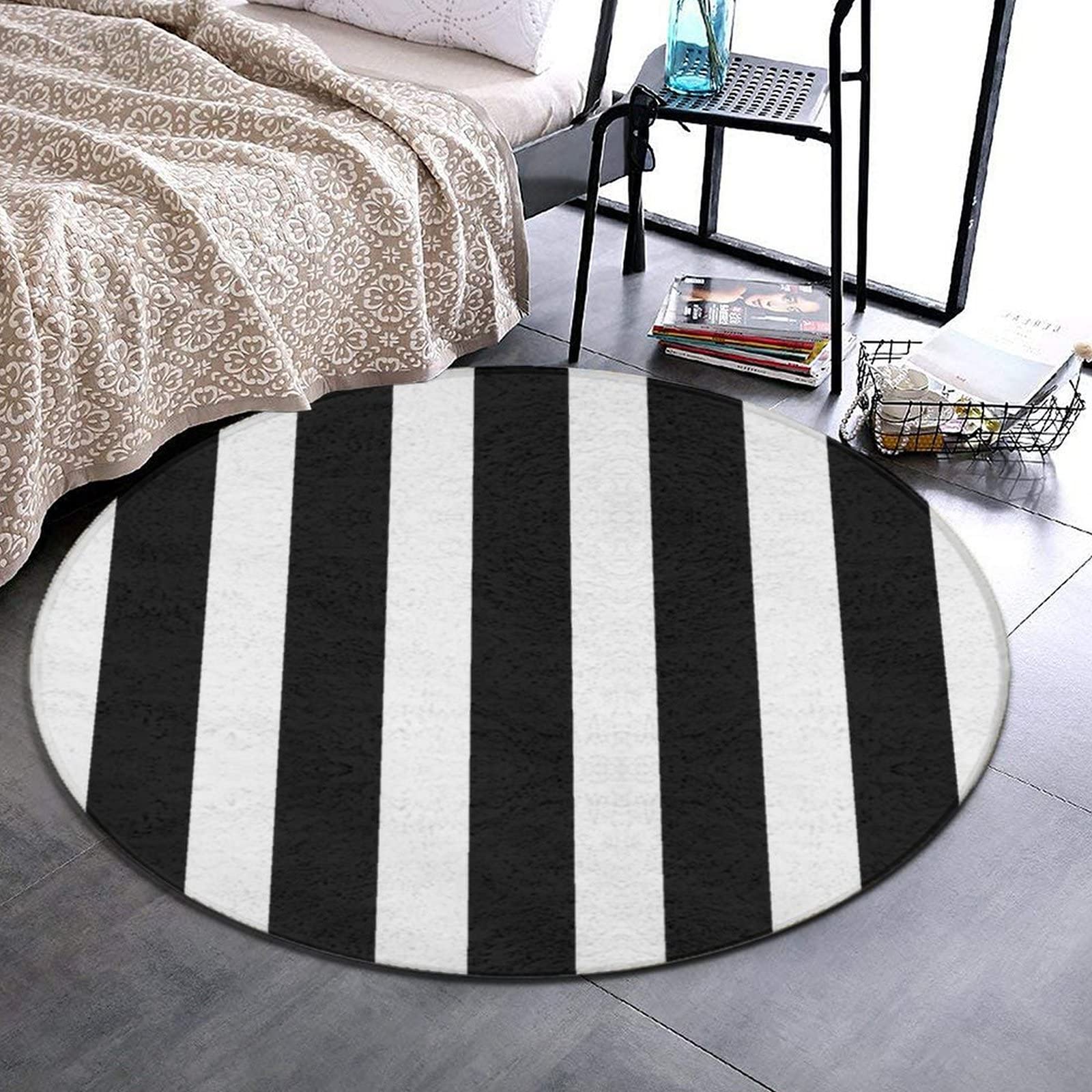 Soft Round Area Rug Play Mat Circle Floor Mat Carpet Mat for Bedroom Living Room Nursery Decor, 2ft Diameter, Black White Striped