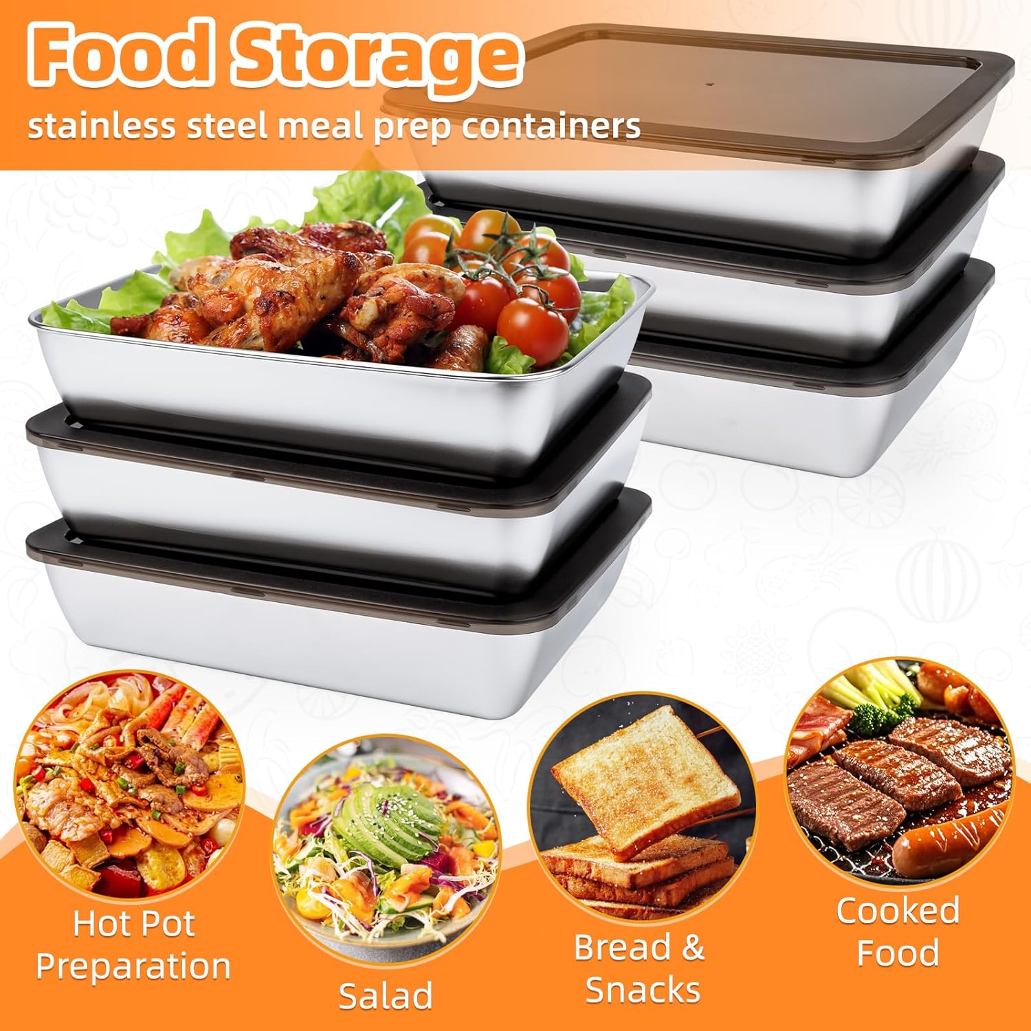 6 PCS Stainless Steel Food Storage Containers with lids,2.16 Inch Deep, 8x10 Inch Stainless Steel Oven plate, Metal Roasting Pan for Meal Prep、Meat, Rustproof & Heavy, Freezer & Dishwasher Safe