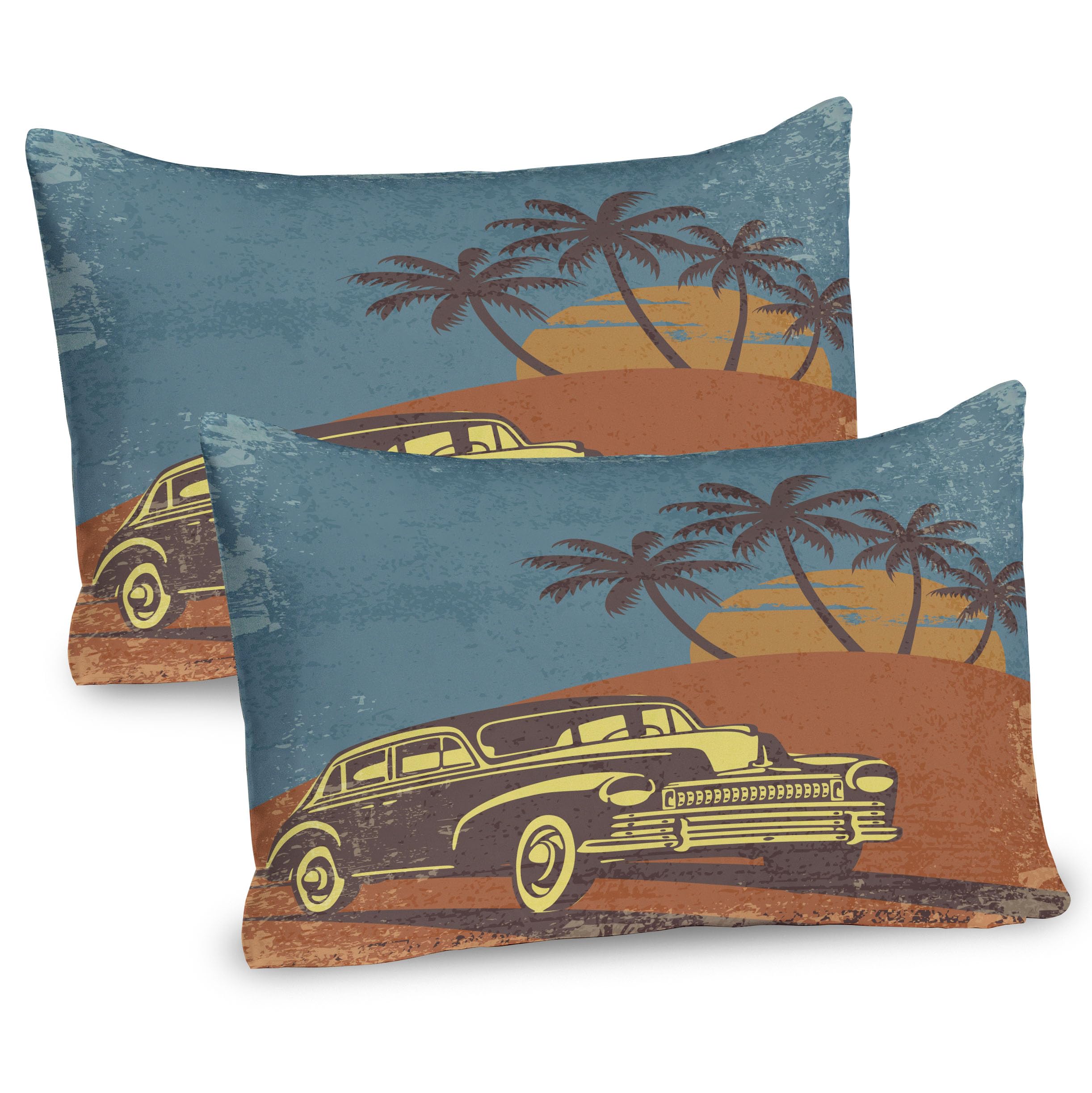 Ambesonne Cars Pillow Sham Set of 2, Vintage Car on The Beach with Palm Trees at Sunset Grunge Display, Quality Microfiber Bedding Item for All Seasons, 36