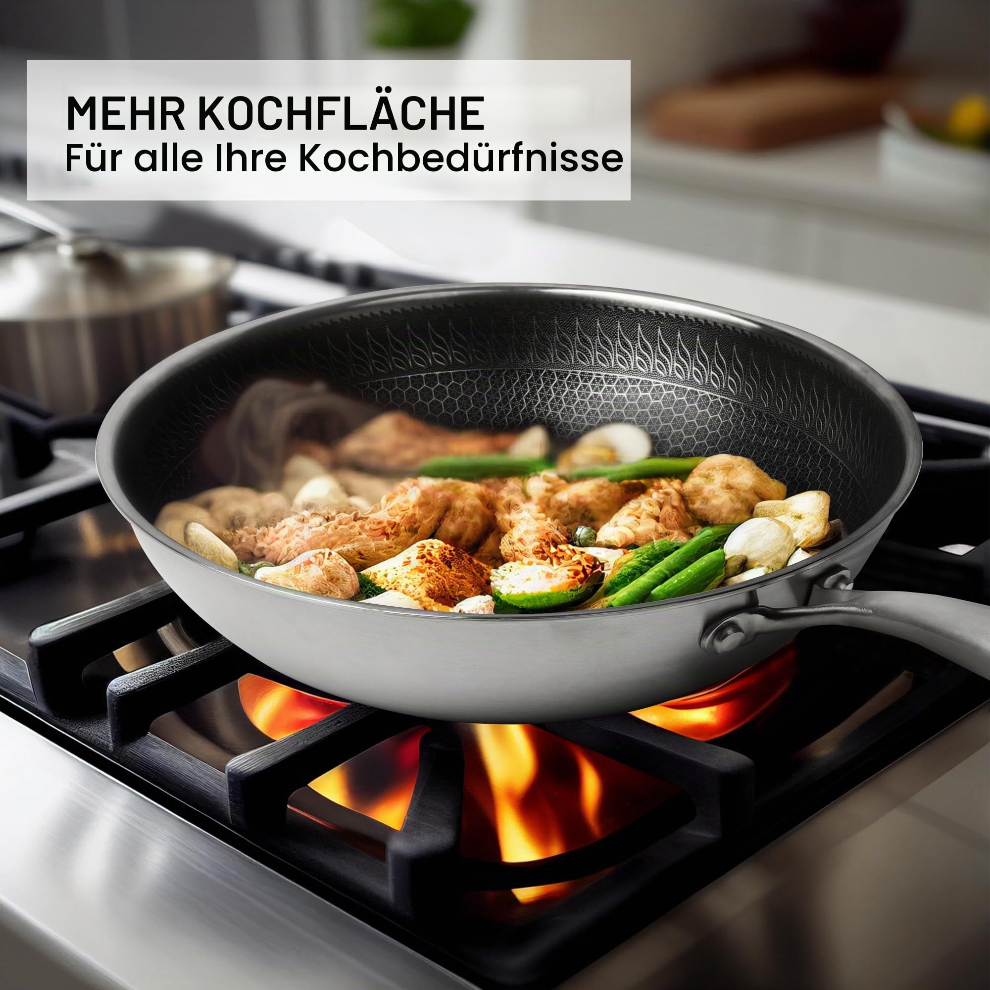 RIOVARM 32cm Edelstahl Wok mit Deckel, Antihaftbeschichtung Flacher Boden Wok-Pfanne, Dreilagig Honigwaben-Struktur, Spülmaschinenfest, Backofenfest, Funktioniert mit Induktion, Gas-Kochfeldern