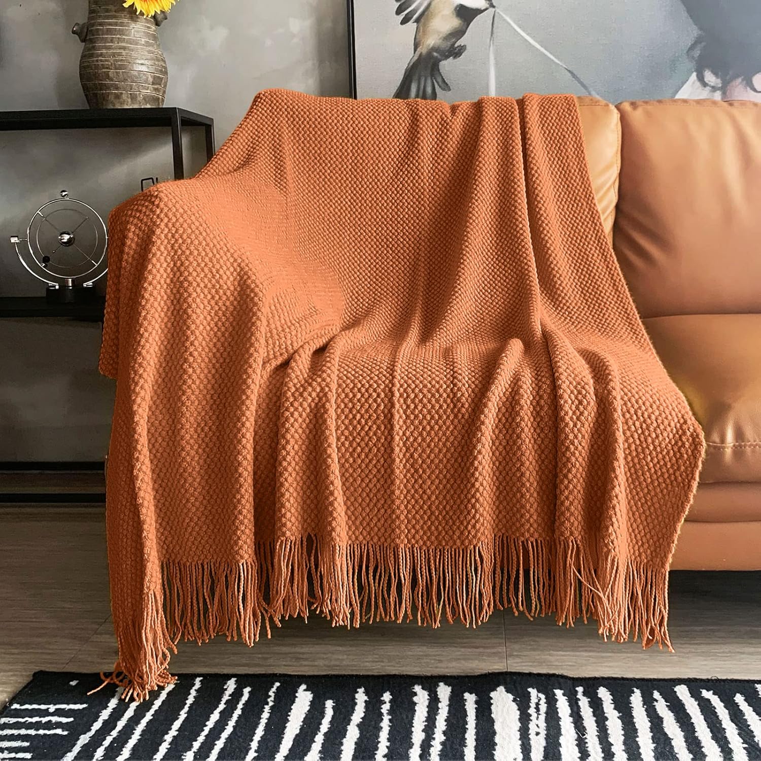 LOMAO Knitted Throw Blanket with Tassels Bubble Textured Lightweight Throws for Couch Cover Home Decor (Orange, 50x60)
