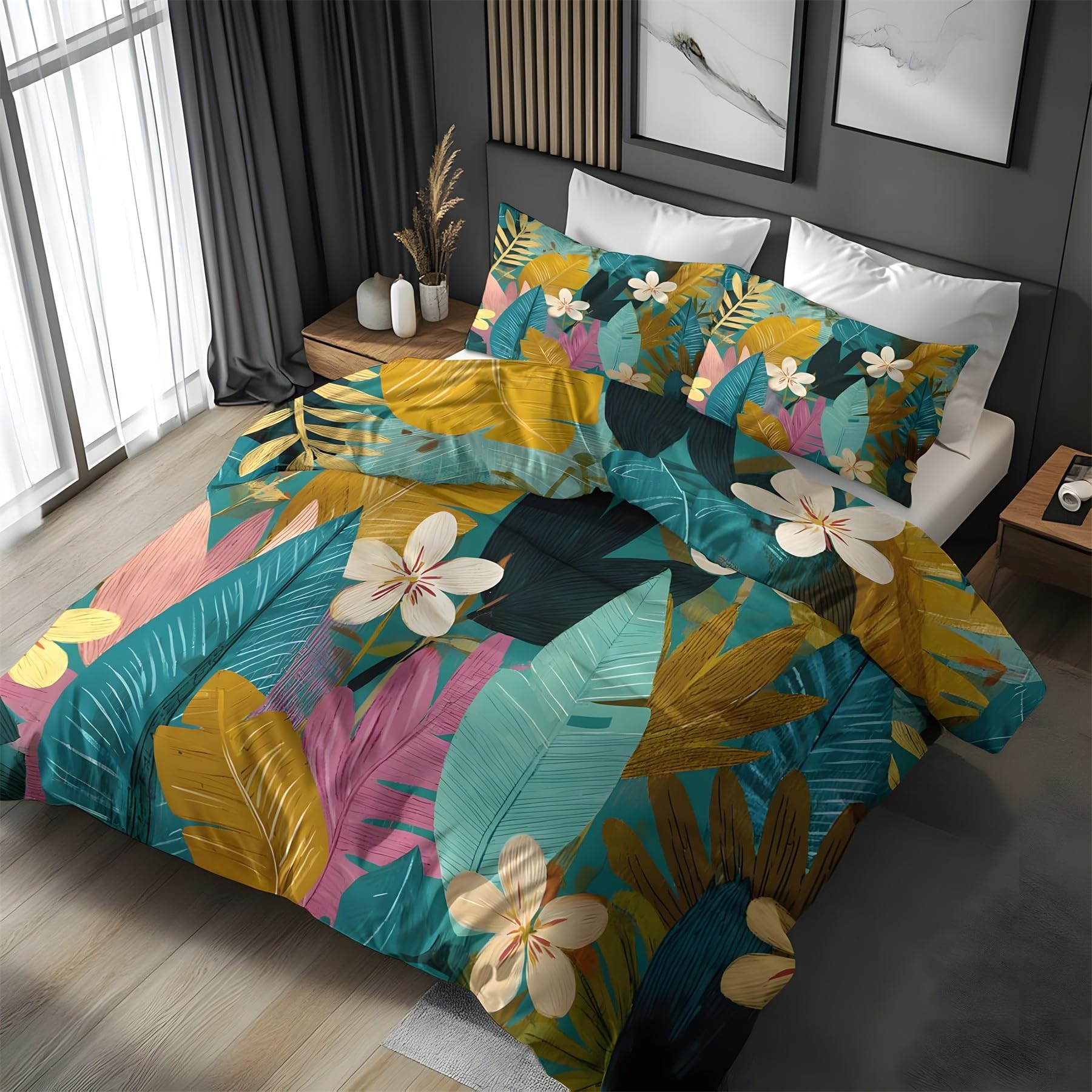 Housse de couette 90x190 bleu et jaune avec parure de lit enfant fleurs 3 pièces QF1214
