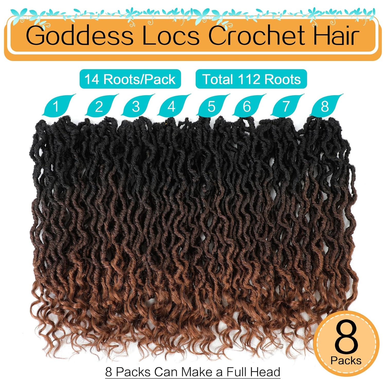 Karida Goddess Locs Crochet Hair 14 Inch, 8 Packs Faux Locs Crochet Hair for Black Women, Pre Looped Crochet Faux Locs With Curly Ends (14 Inch (Pack of 8), 1B/4/30#)